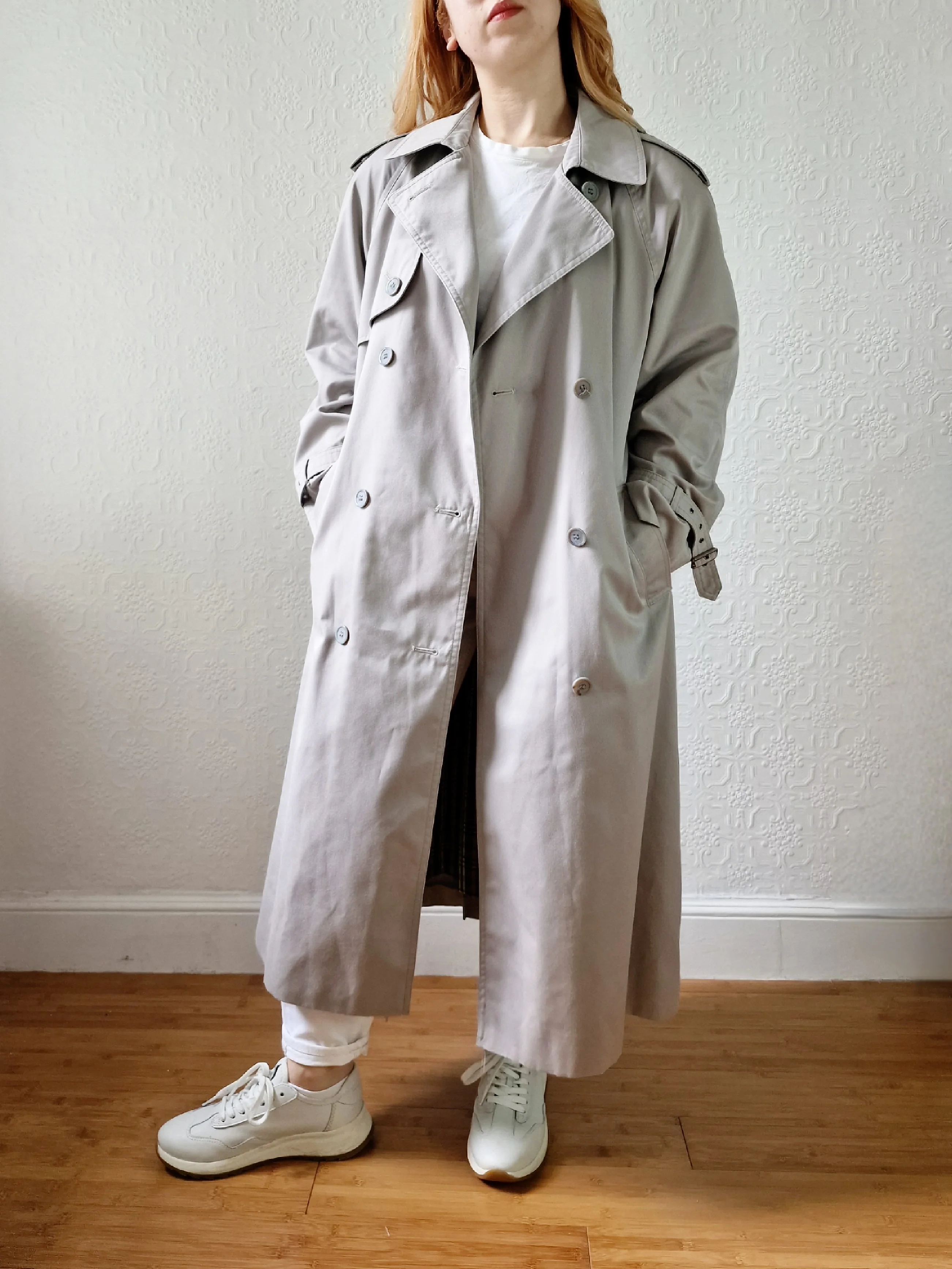 Vintage Light Grey Double Breasted Trench Coat with Belt - M - Image 7