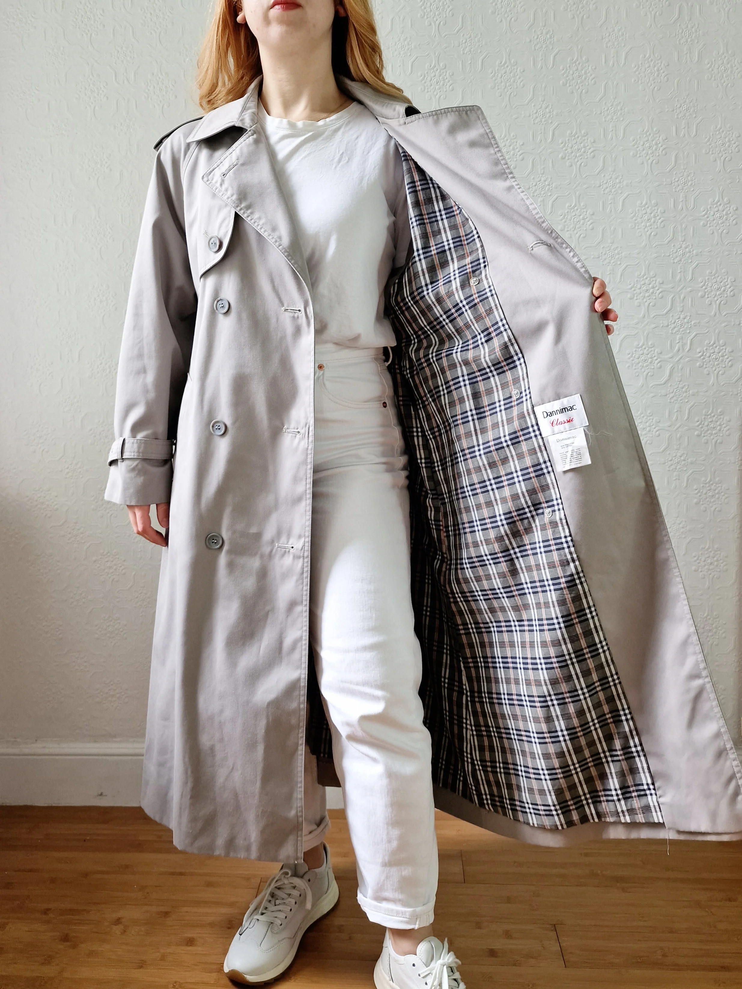 Vintage Light Grey Double Breasted Trench Coat with Belt - M - Image 8