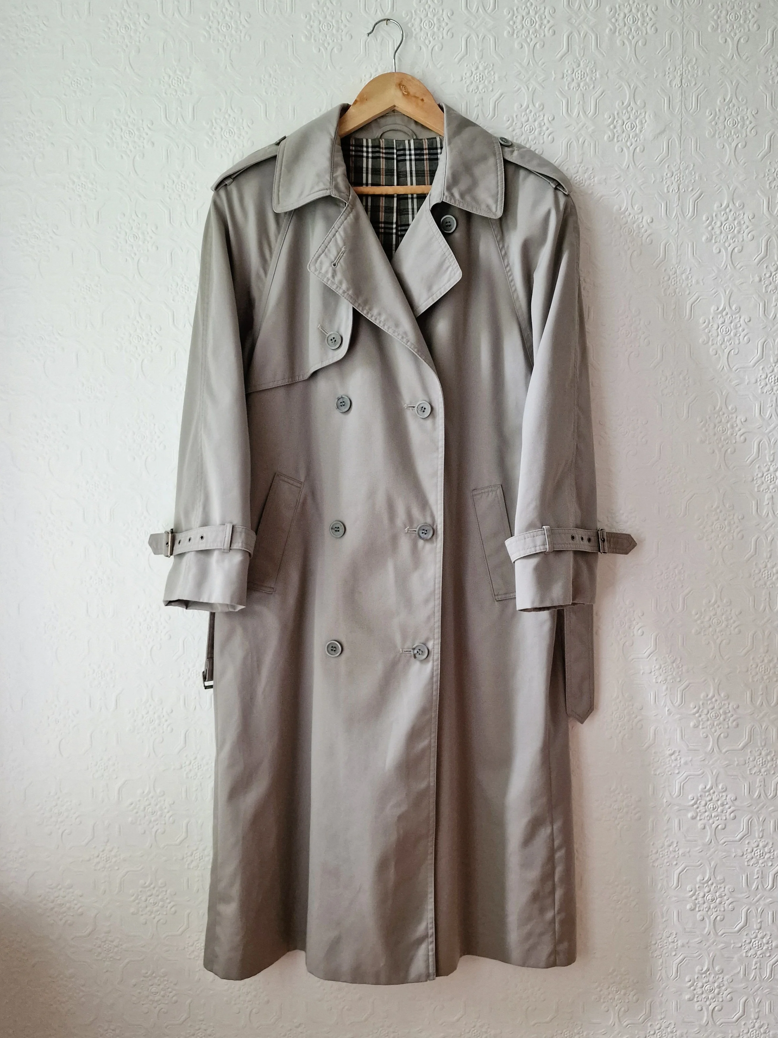 Vintage Light Grey Double Breasted Trench Coat with Belt - M - Image 9