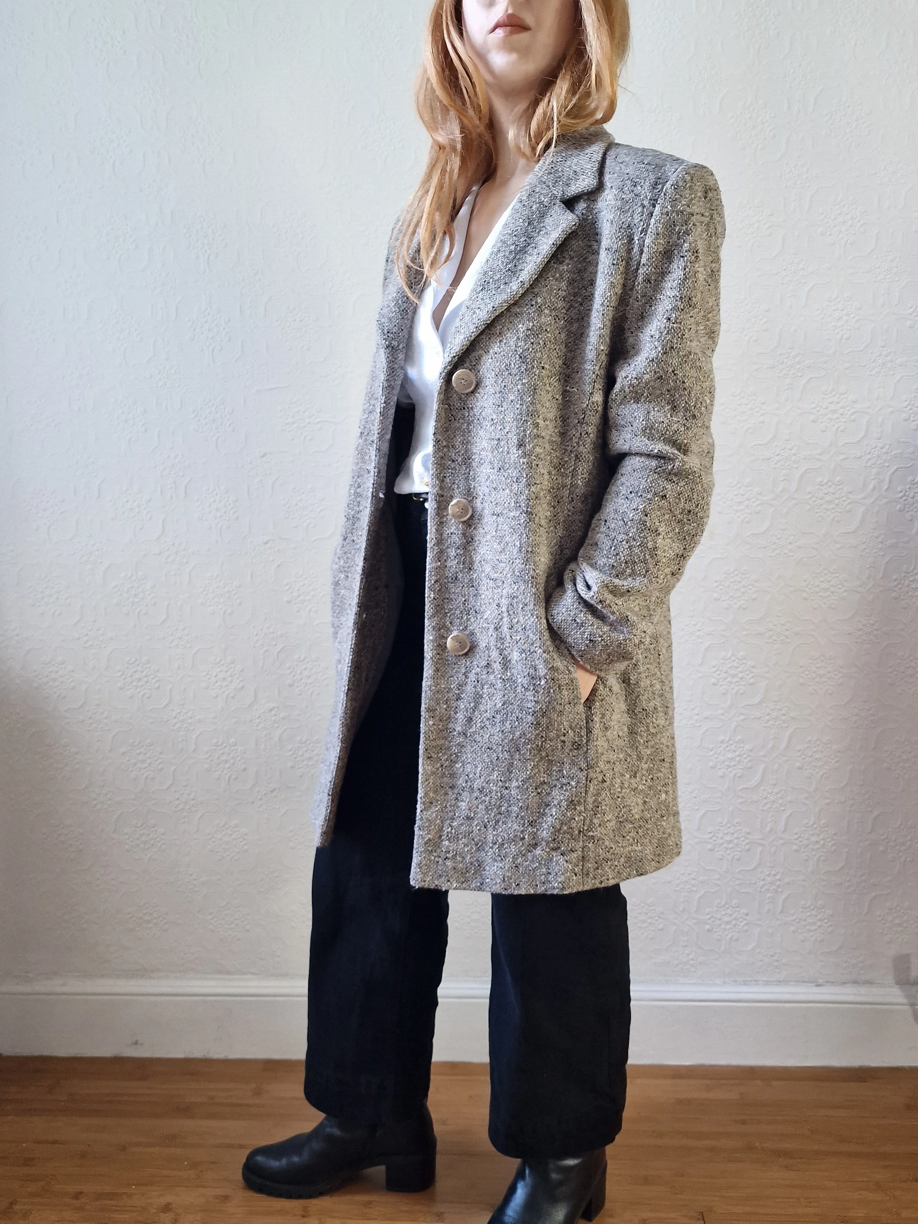 Vintage Light Grey Speckled Wool Single Breasted Coat - M - Image 2
