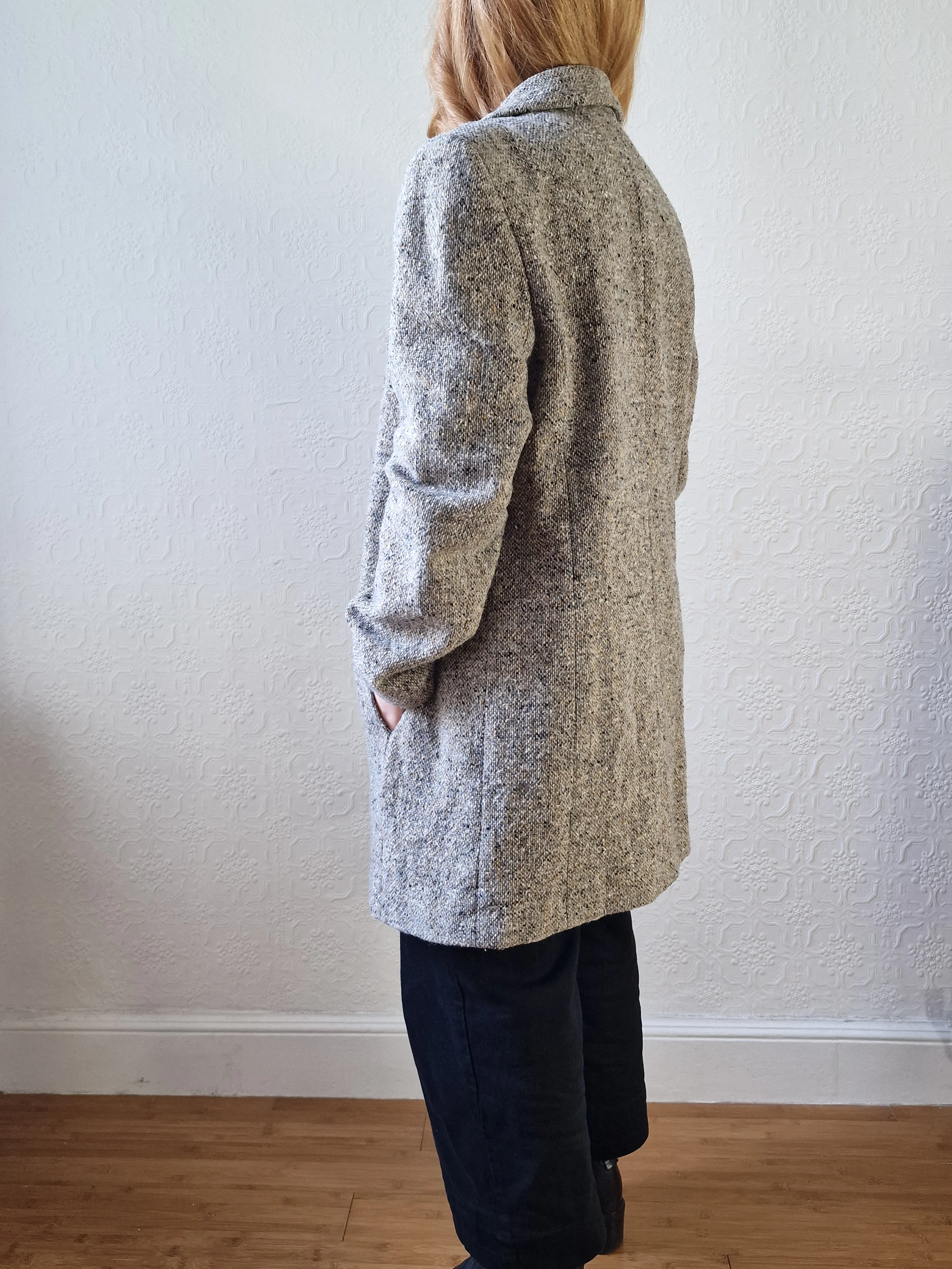 Vintage Light Grey Speckled Wool Single Breasted Coat - M - Image 3