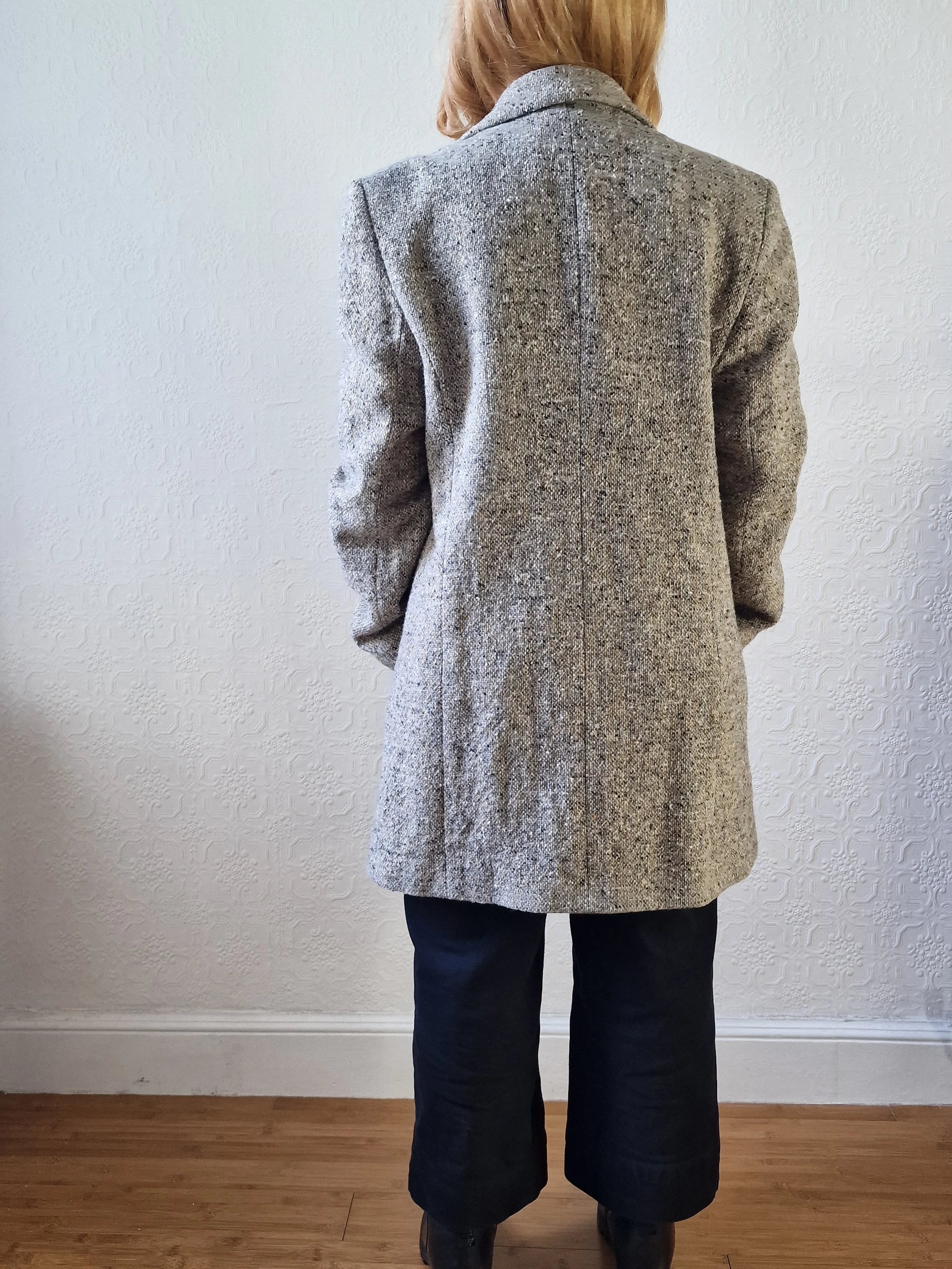 Vintage Light Grey Speckled Wool Single Breasted Coat - M - Image 4