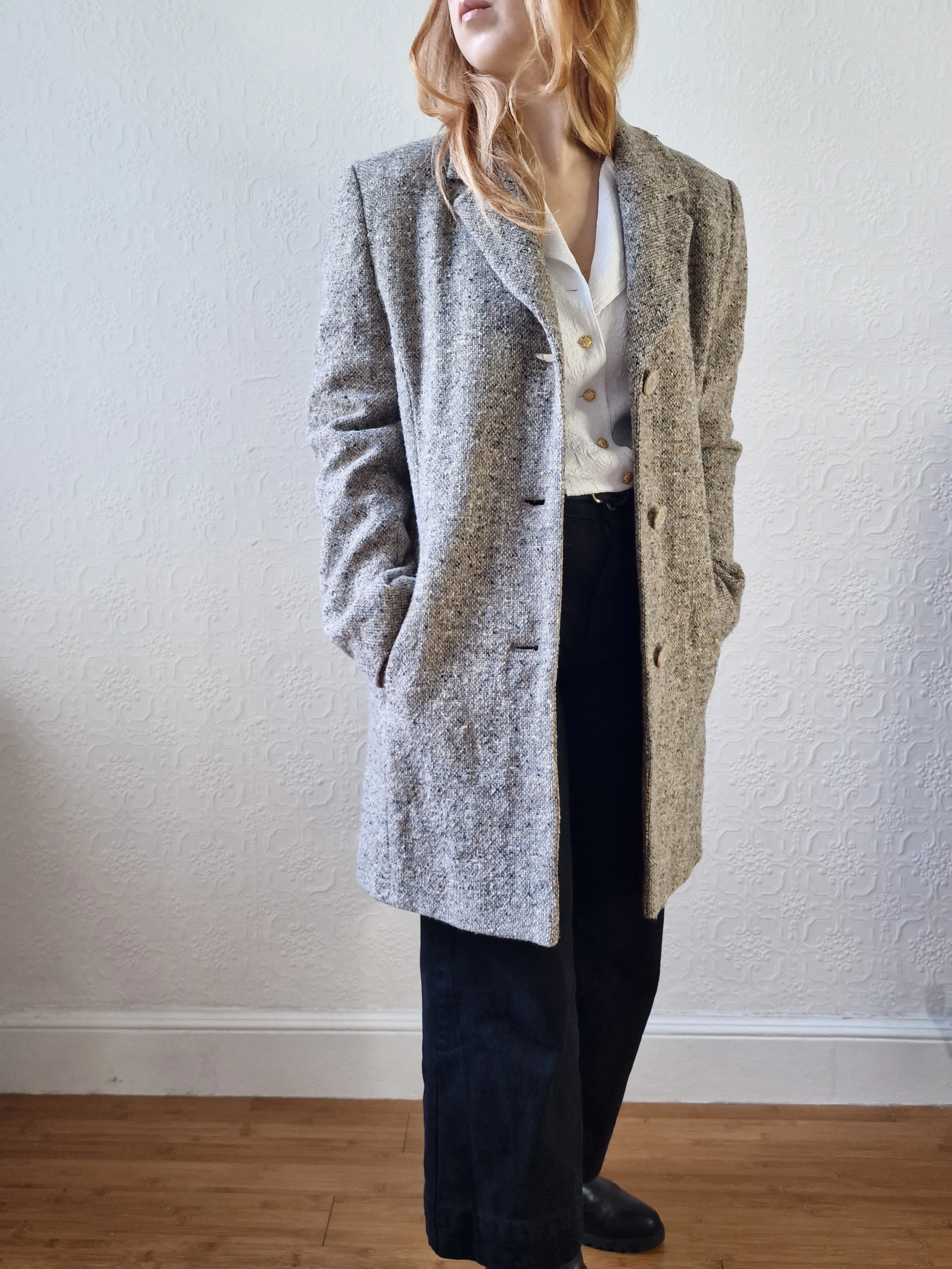 Vintage Light Grey Speckled Wool Single Breasted Coat - M - Image 5