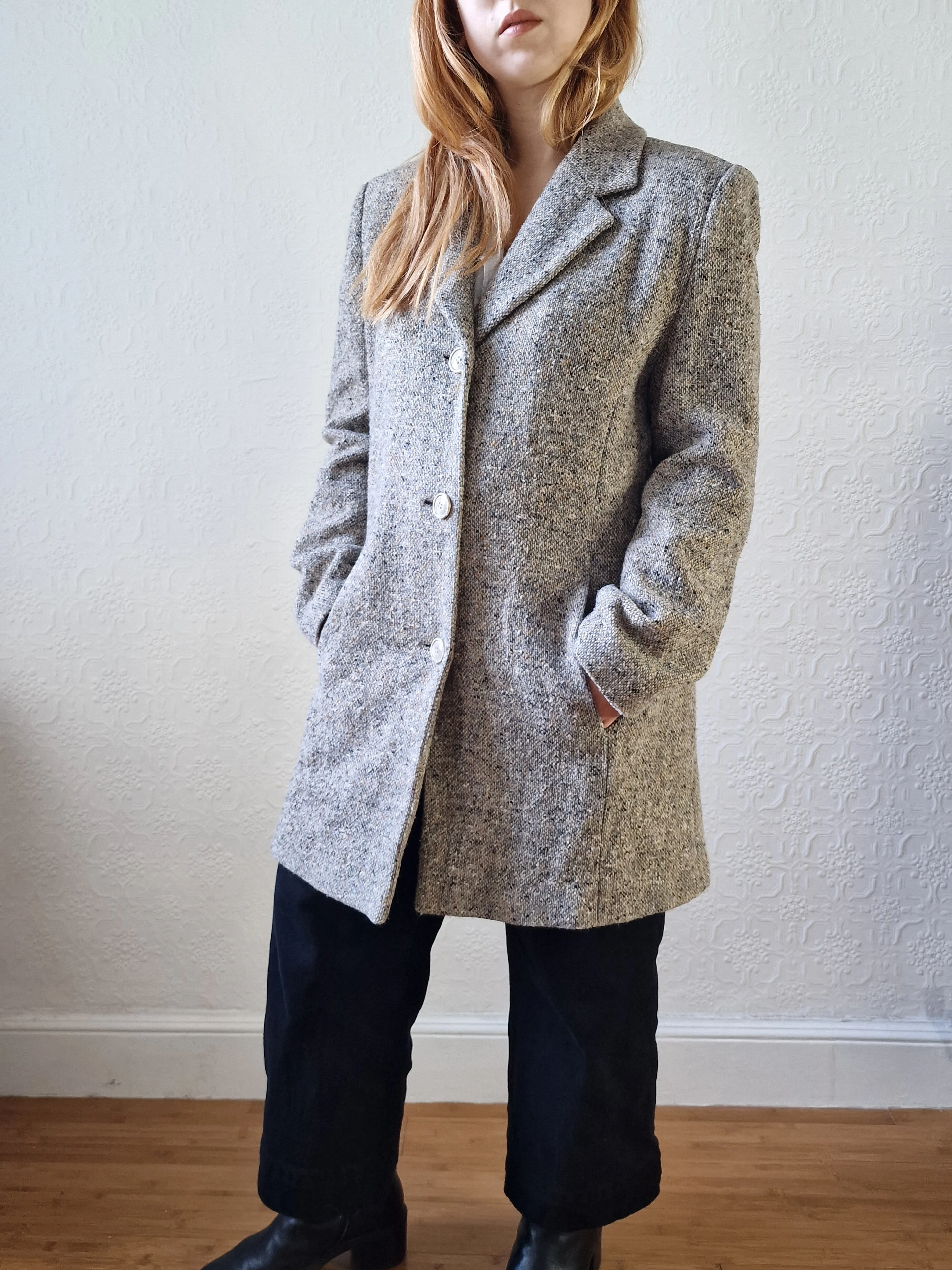Vintage Light Grey Speckled Wool Single Breasted Coat - M - Image 6