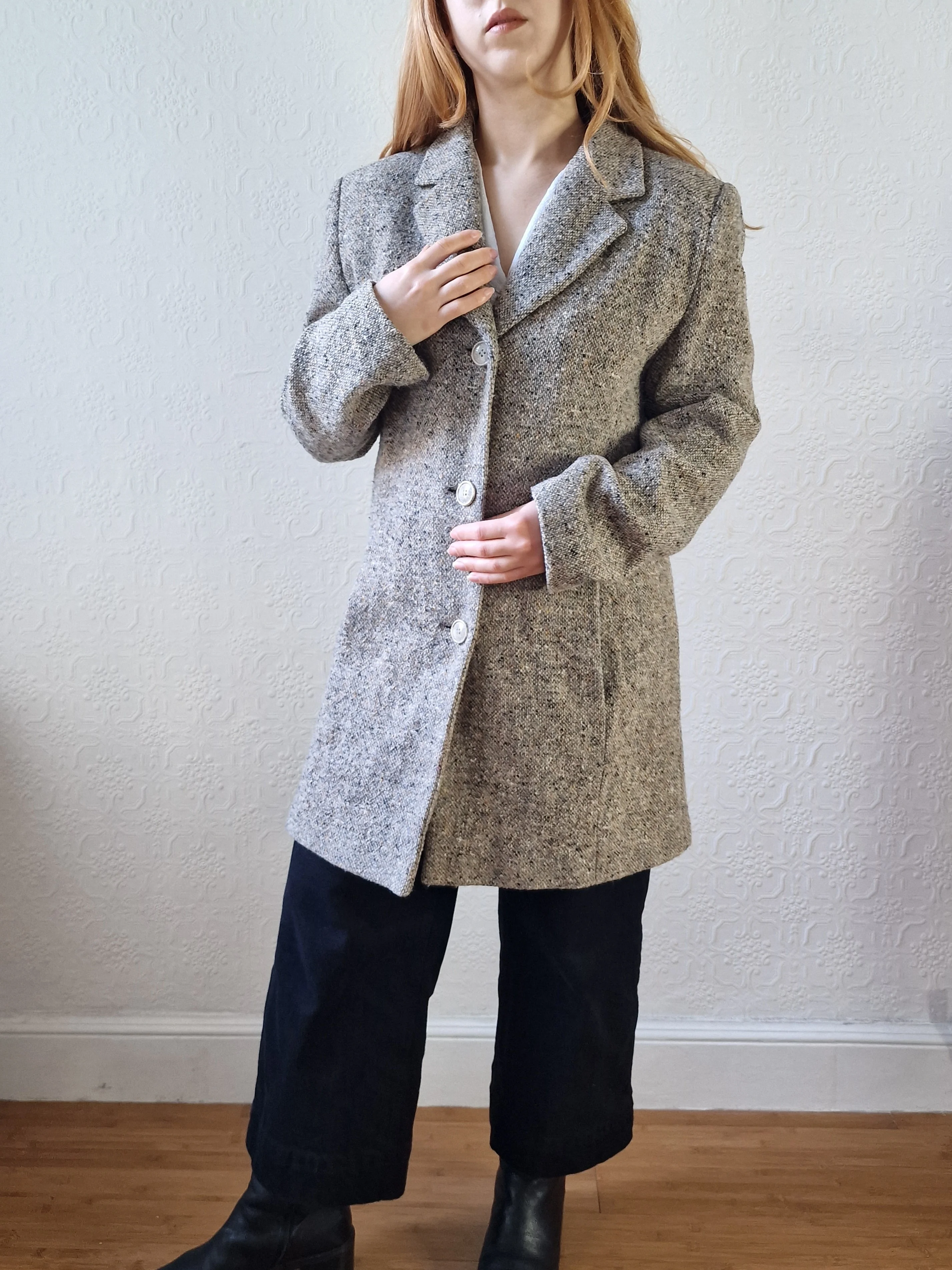 Vintage Light Grey Speckled Wool Single Breasted Coat - M - Image 7