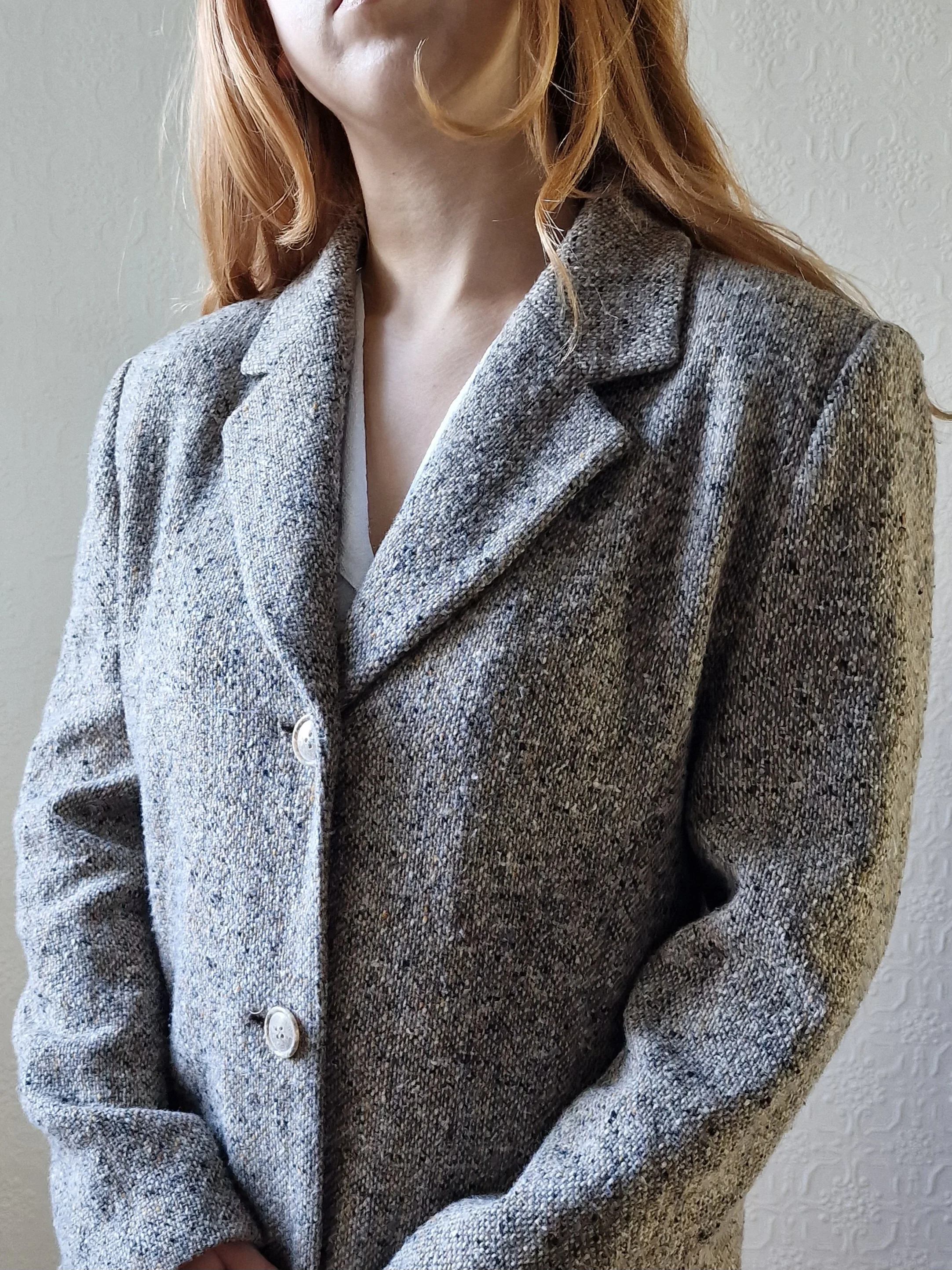 Vintage Light Grey Speckled Wool Single Breasted Coat - M - Image 8