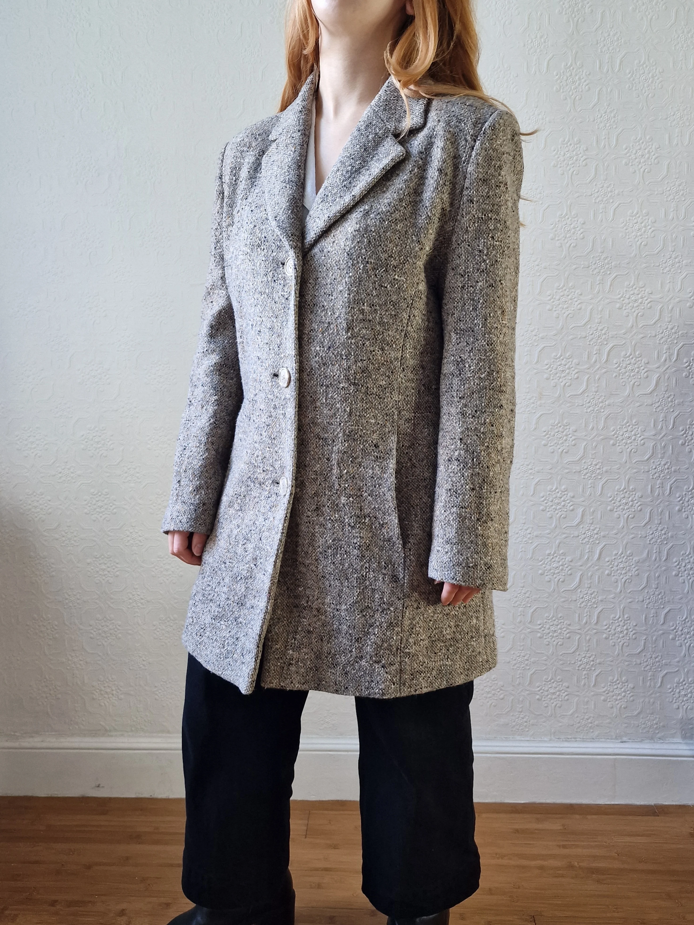 Vintage Light Grey Speckled Wool Single Breasted Coat - M - Image 9