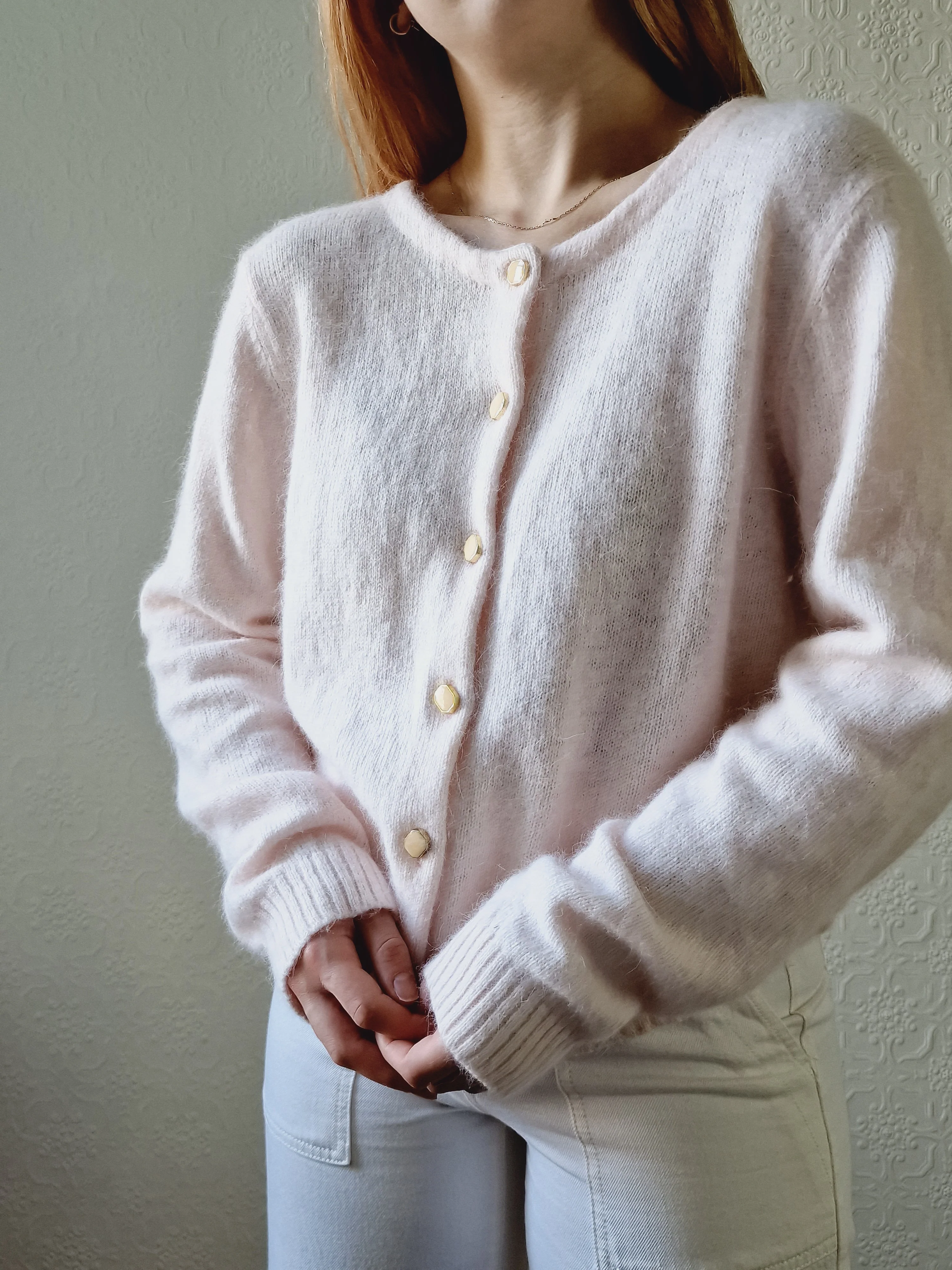Vintage Light Pink Angora Cardigan with Round Neck - M/L - Image 2
