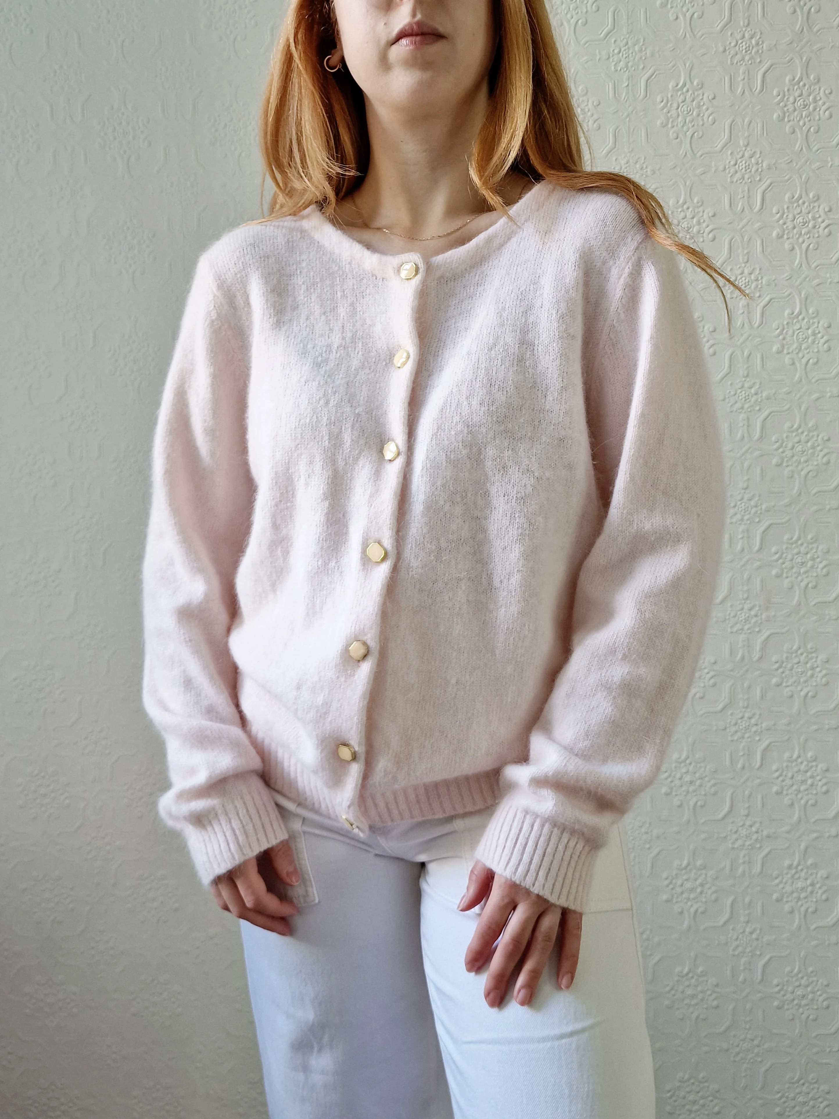 Vintage Light Pink Angora Cardigan with Round Neck - M/L - Image 4