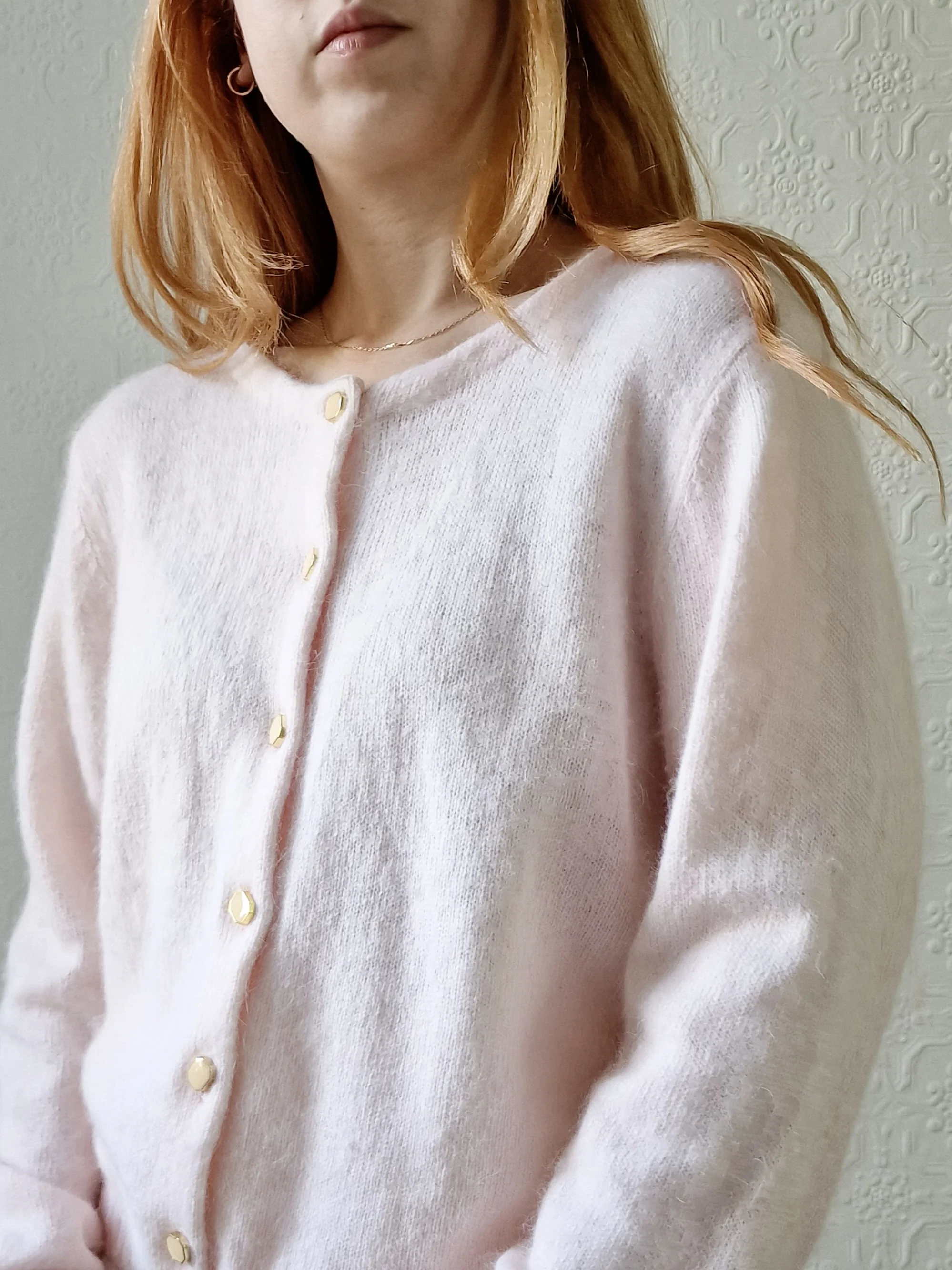 Vintage Light Pink Angora Cardigan with Round Neck - M/L - Image 5