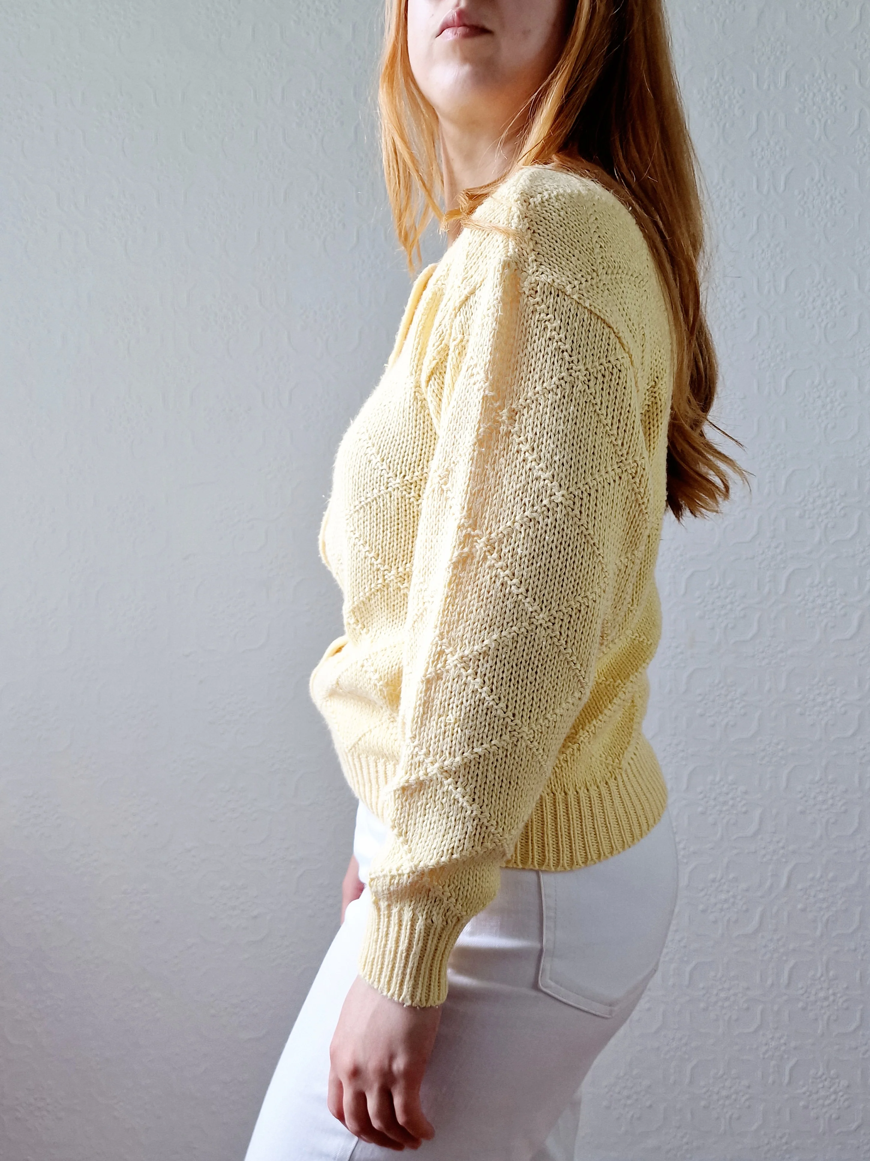 Vintage Light Yellow Cotton Knitted Crew Neck Cardigan - S/M - Image 2