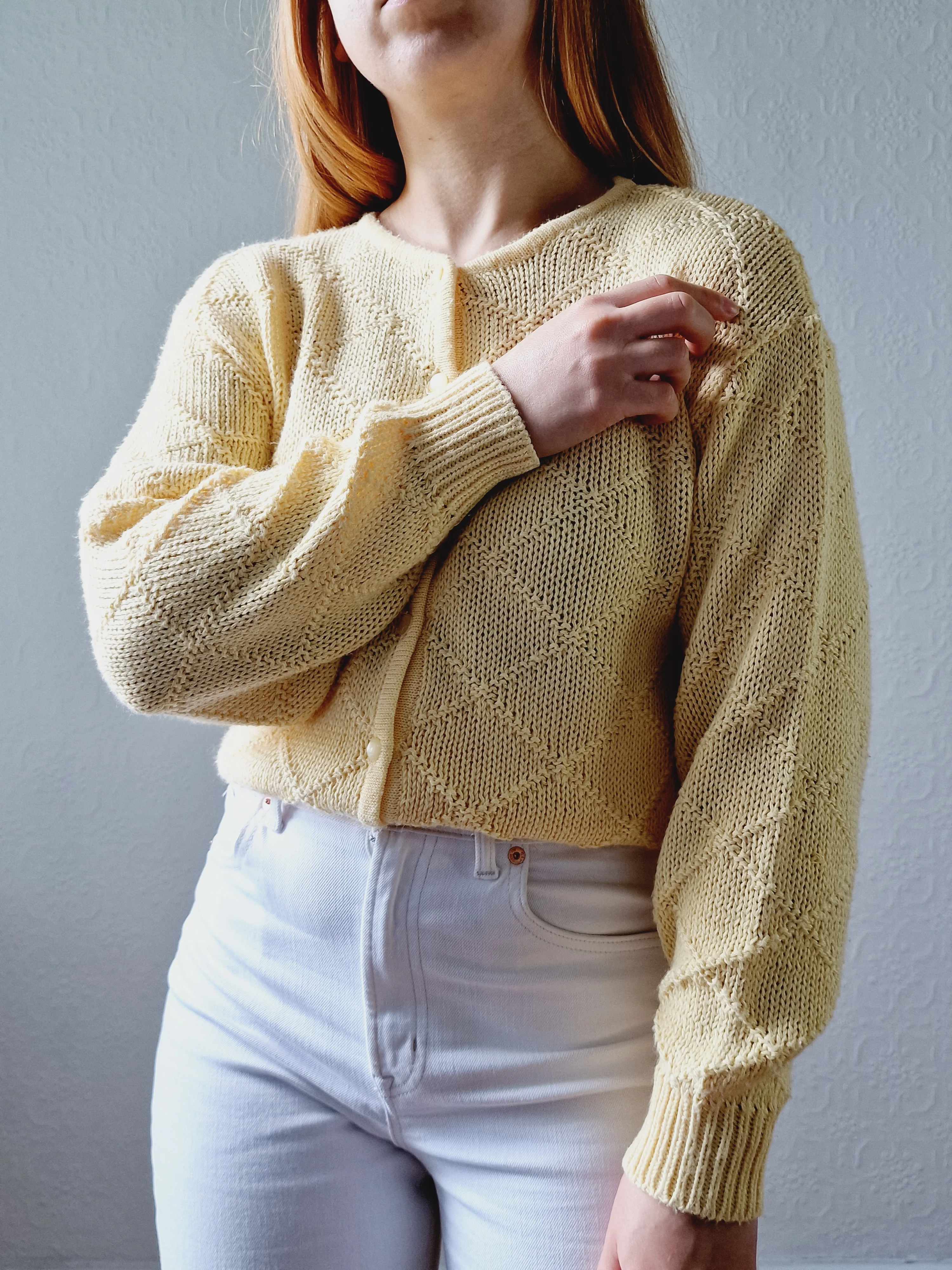 Vintage Light Yellow Cotton Knitted Crew Neck Cardigan - S/M - Image 3