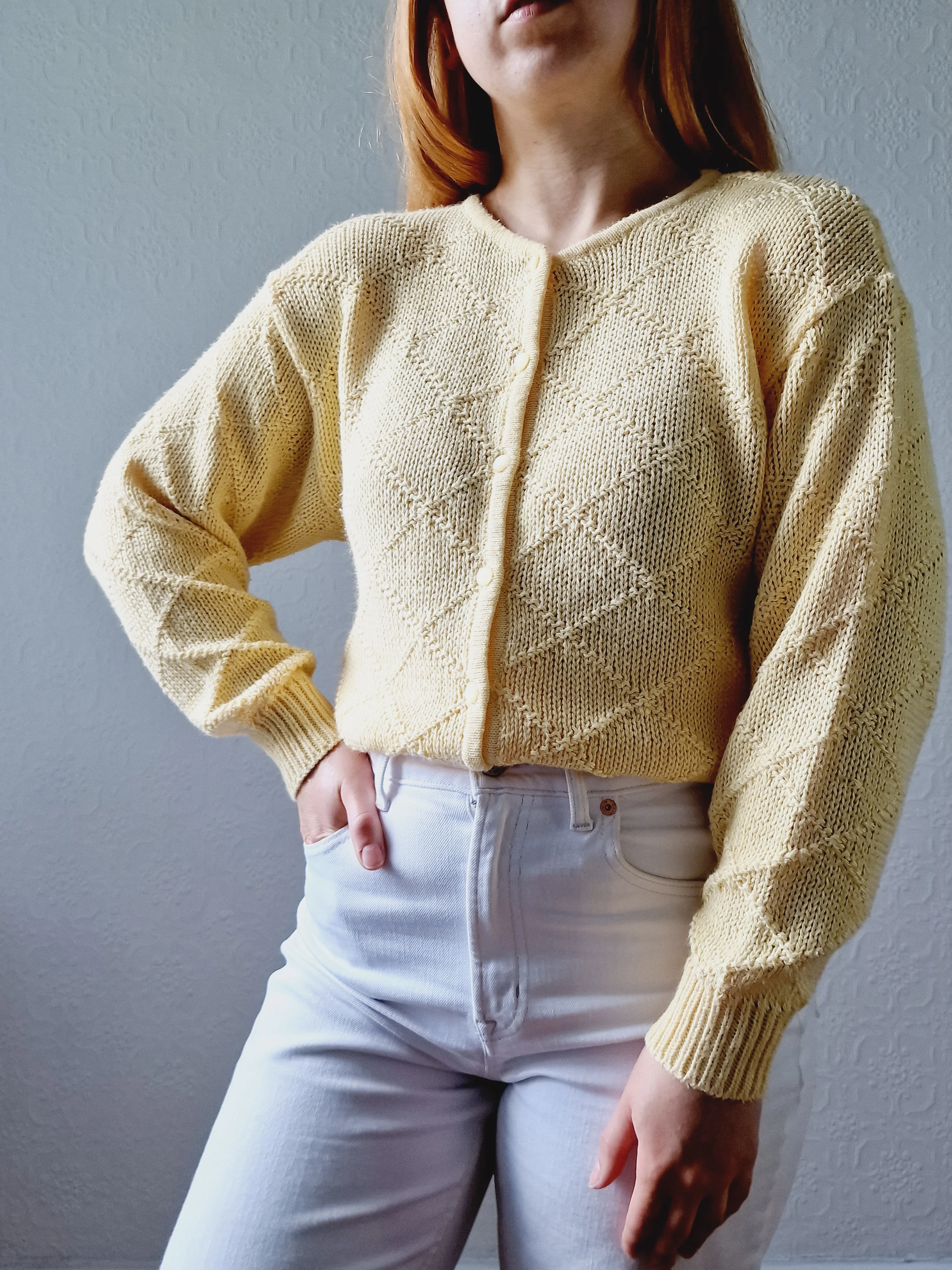 Vintage Light Yellow Cotton Knitted Crew Neck Cardigan - S/M - Image 4