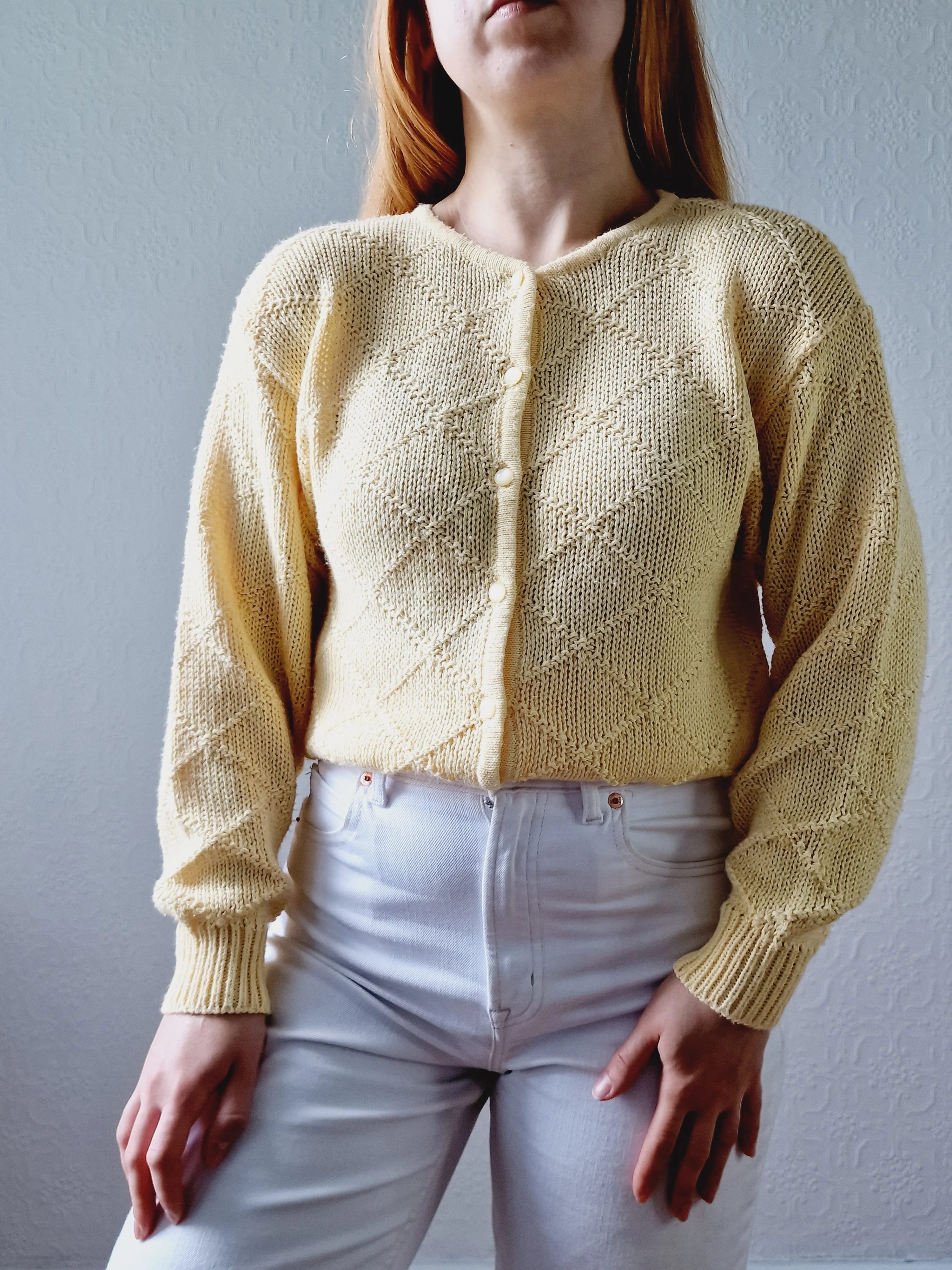 Vintage Light Yellow Cotton Knitted Crew Neck Cardigan - S/M - Image 5