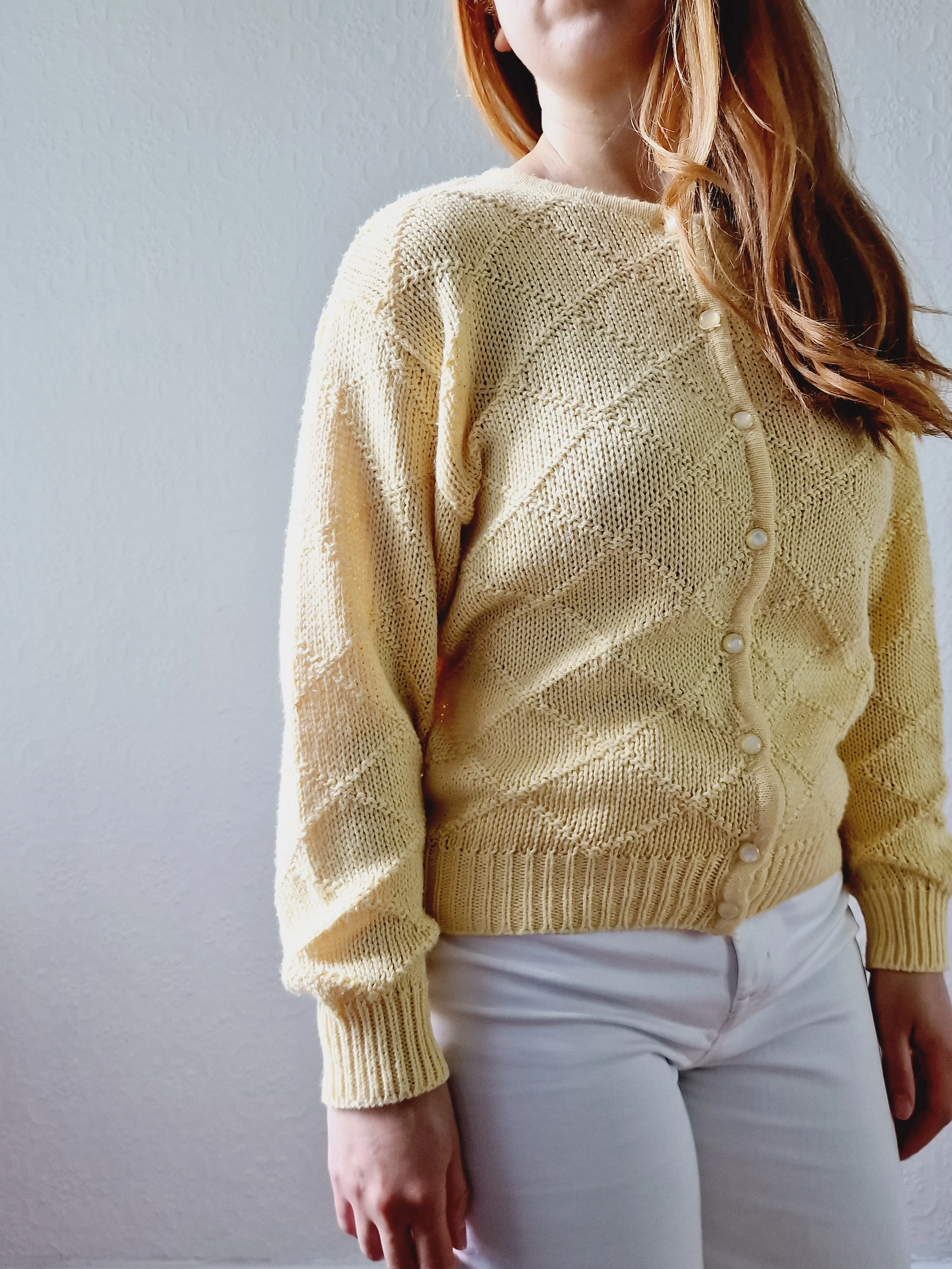 Vintage Light Yellow Cotton Knitted Crew Neck Cardigan - S/M - Image 6