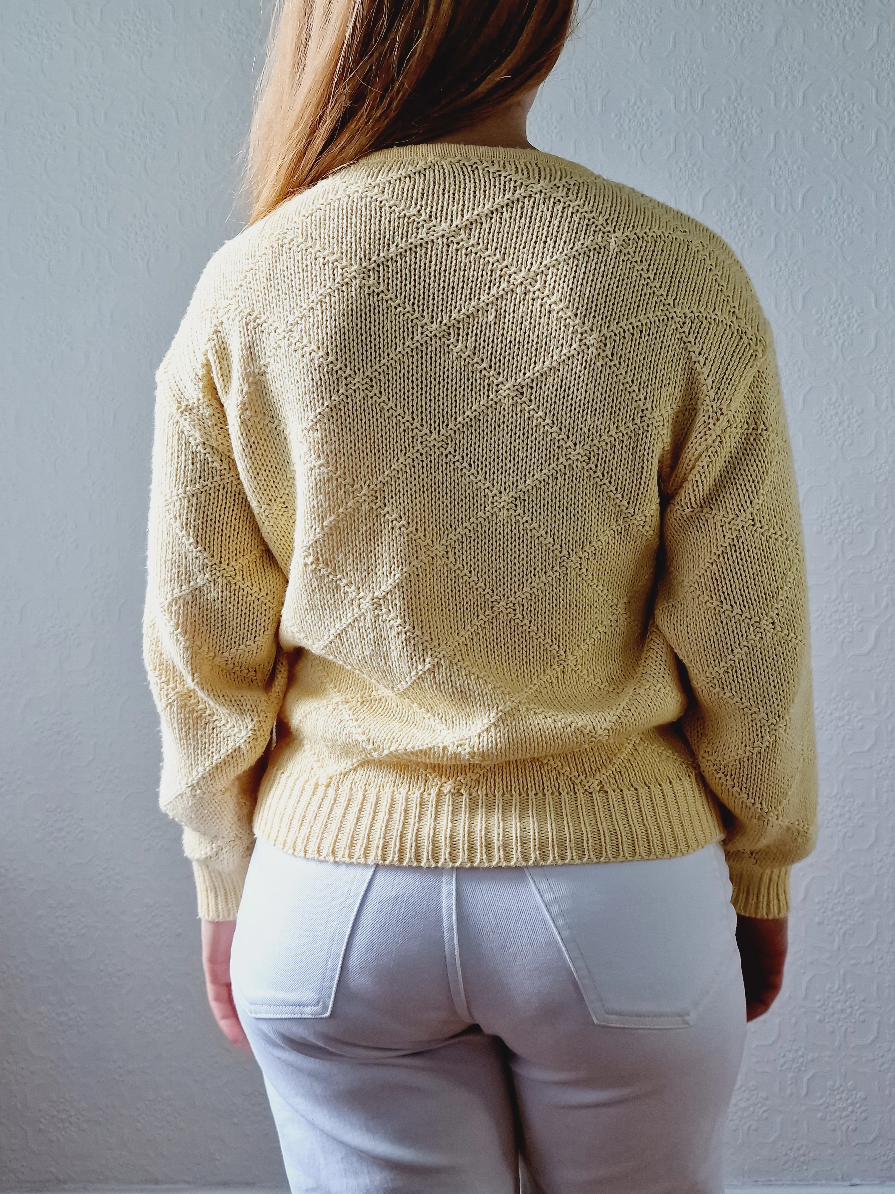 Vintage Light Yellow Cotton Knitted Crew Neck Cardigan - S/M - Image 7