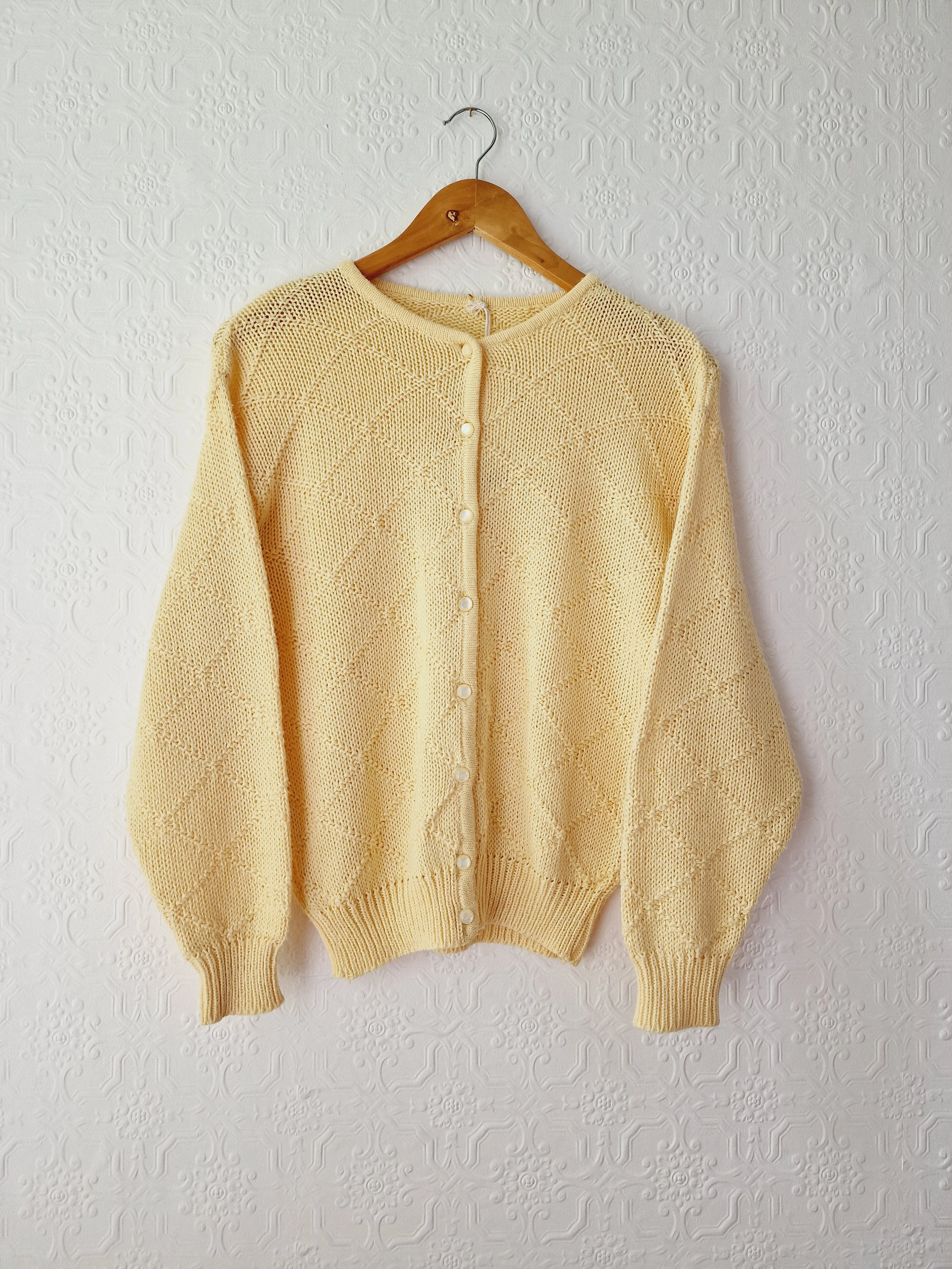 Vintage Light Yellow Cotton Knitted Crew Neck Cardigan - S/M - Image 8