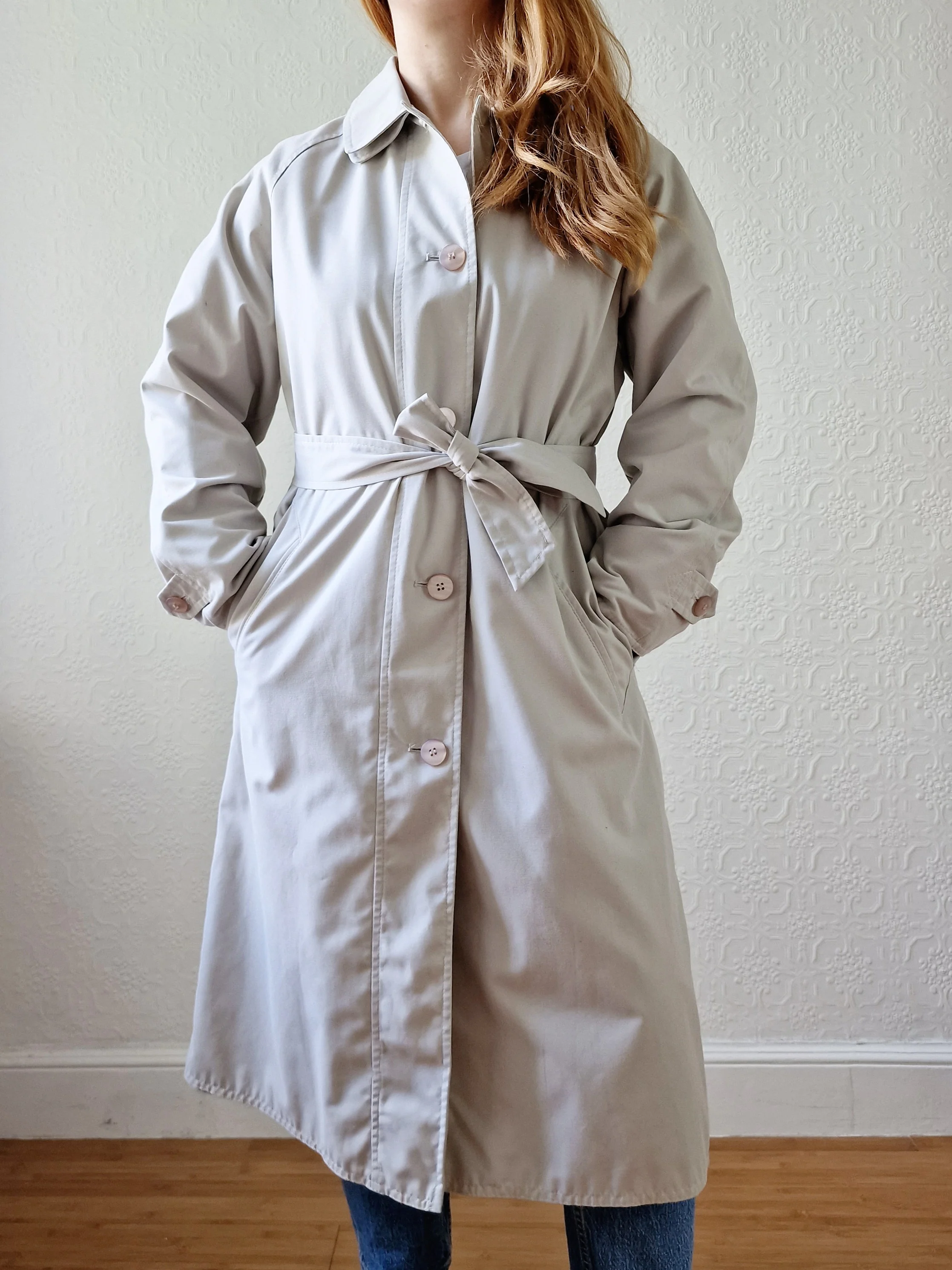 Vintage Lightweight Stone Single Breasted Trench Coat with Belt - S/M - Image 7