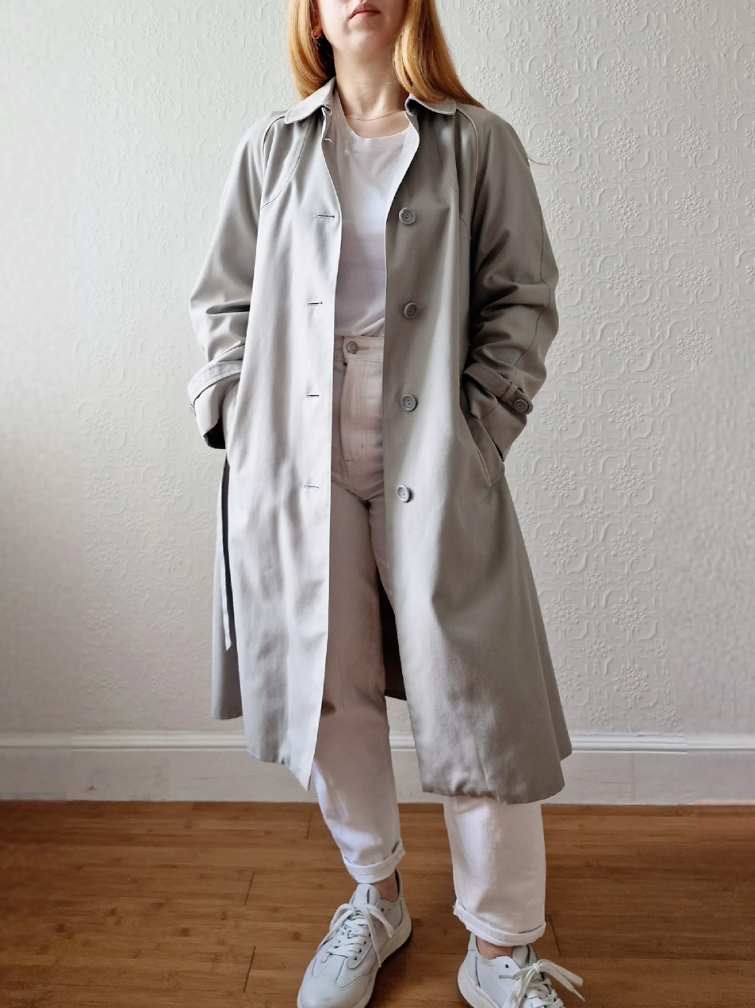 Vintage Lightweight Grey Single Breasted Trench Coat with Belt - S - Image 2