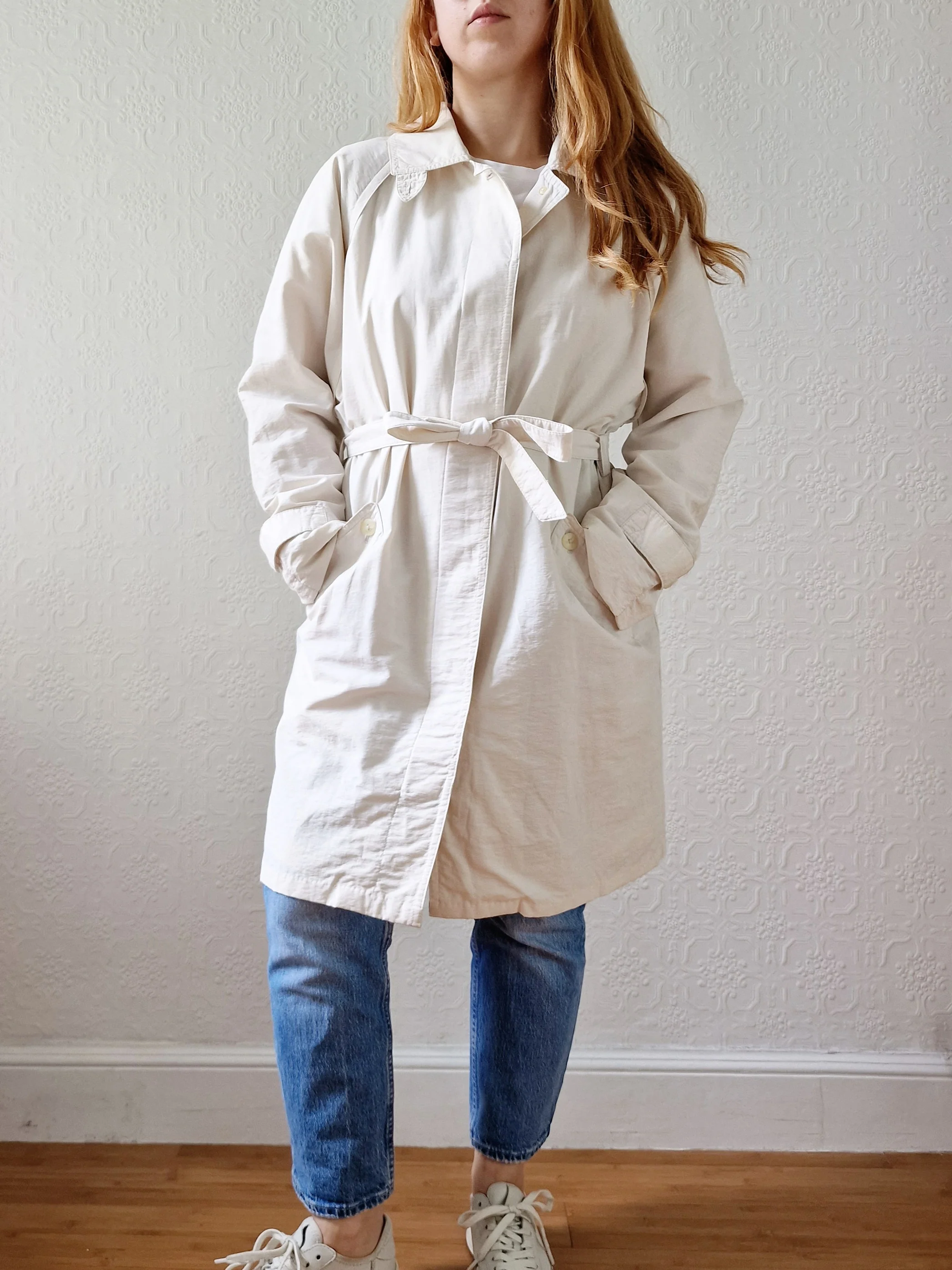 Vintage Lightweight White Single Breasted Trench Coat with Belt - S/M - Image 7
