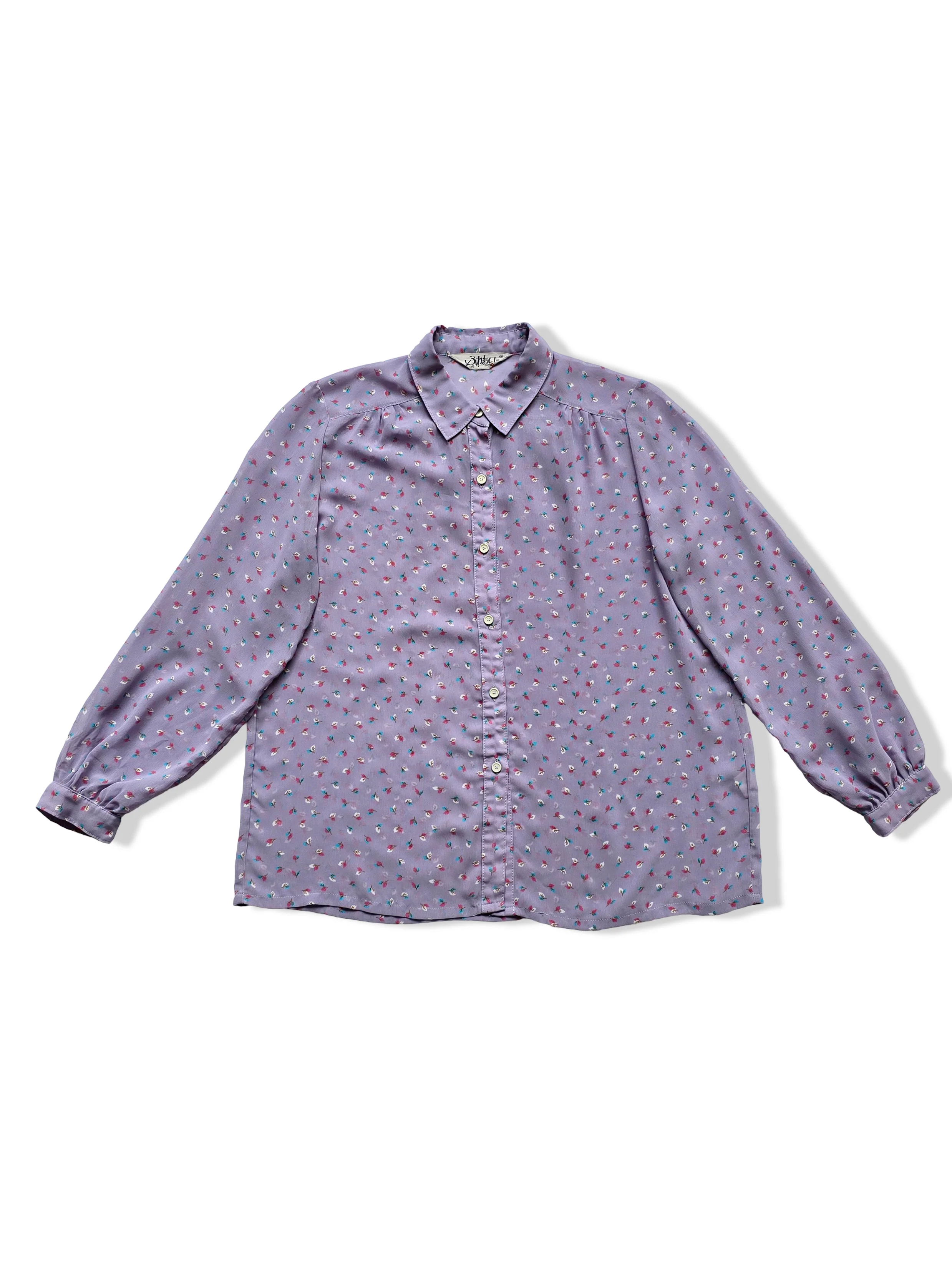 Vintage Lilac Leaf Print Button Up Blouse - S/M