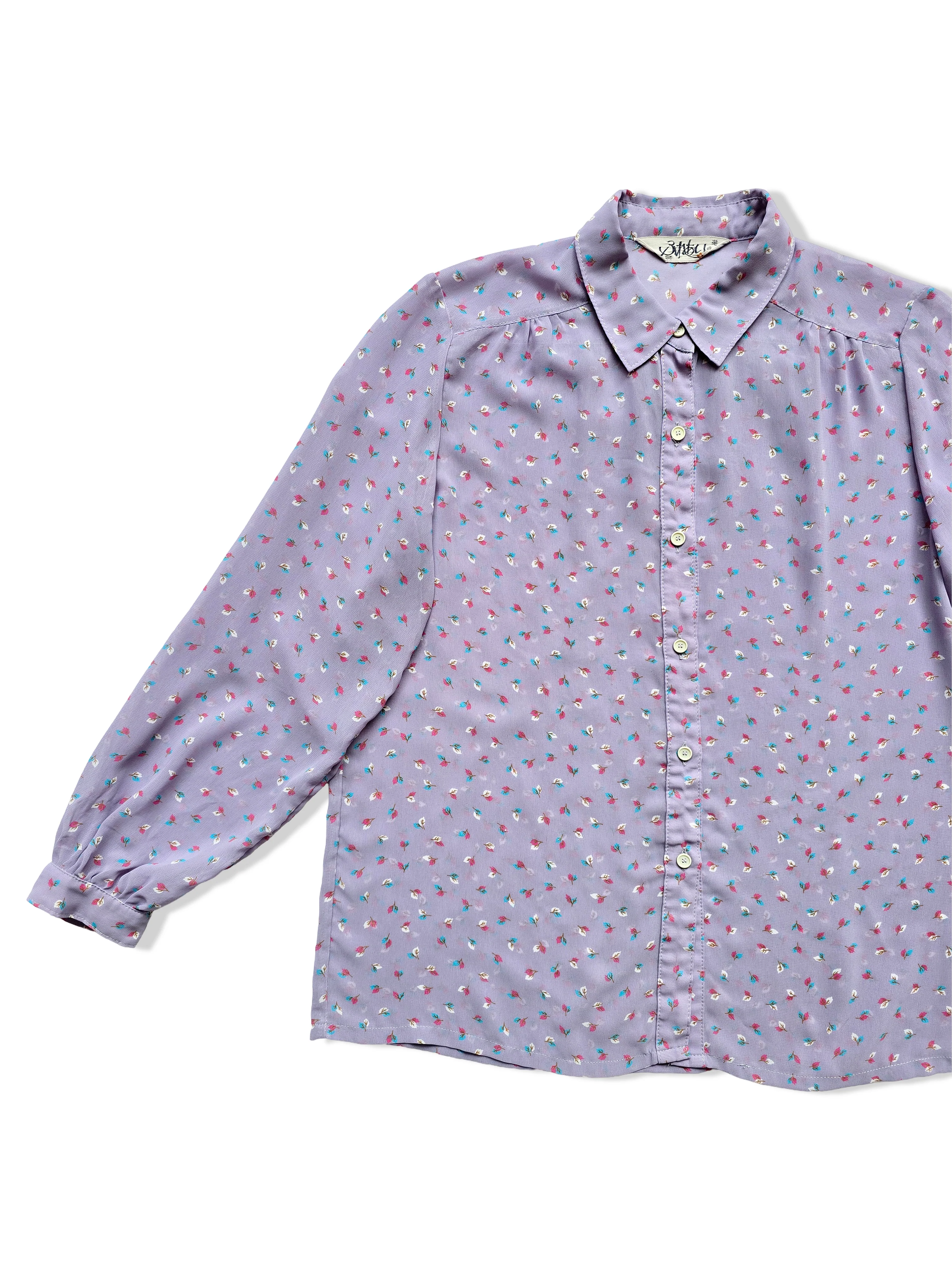 Vintage Lilac Leaf Print Button Up Blouse - S/M - Image 2