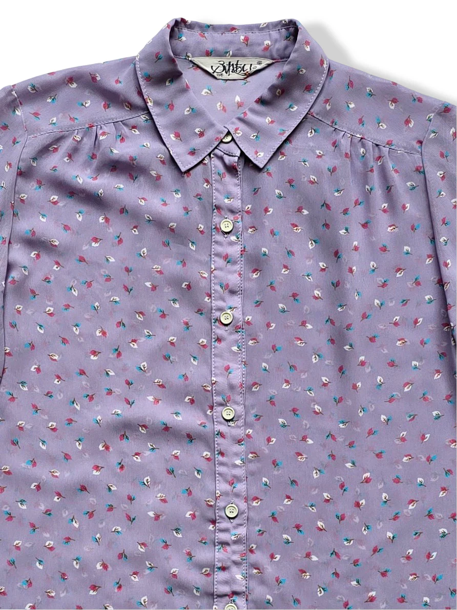 Vintage Lilac Leaf Print Button Up Blouse - S/M - Image 4