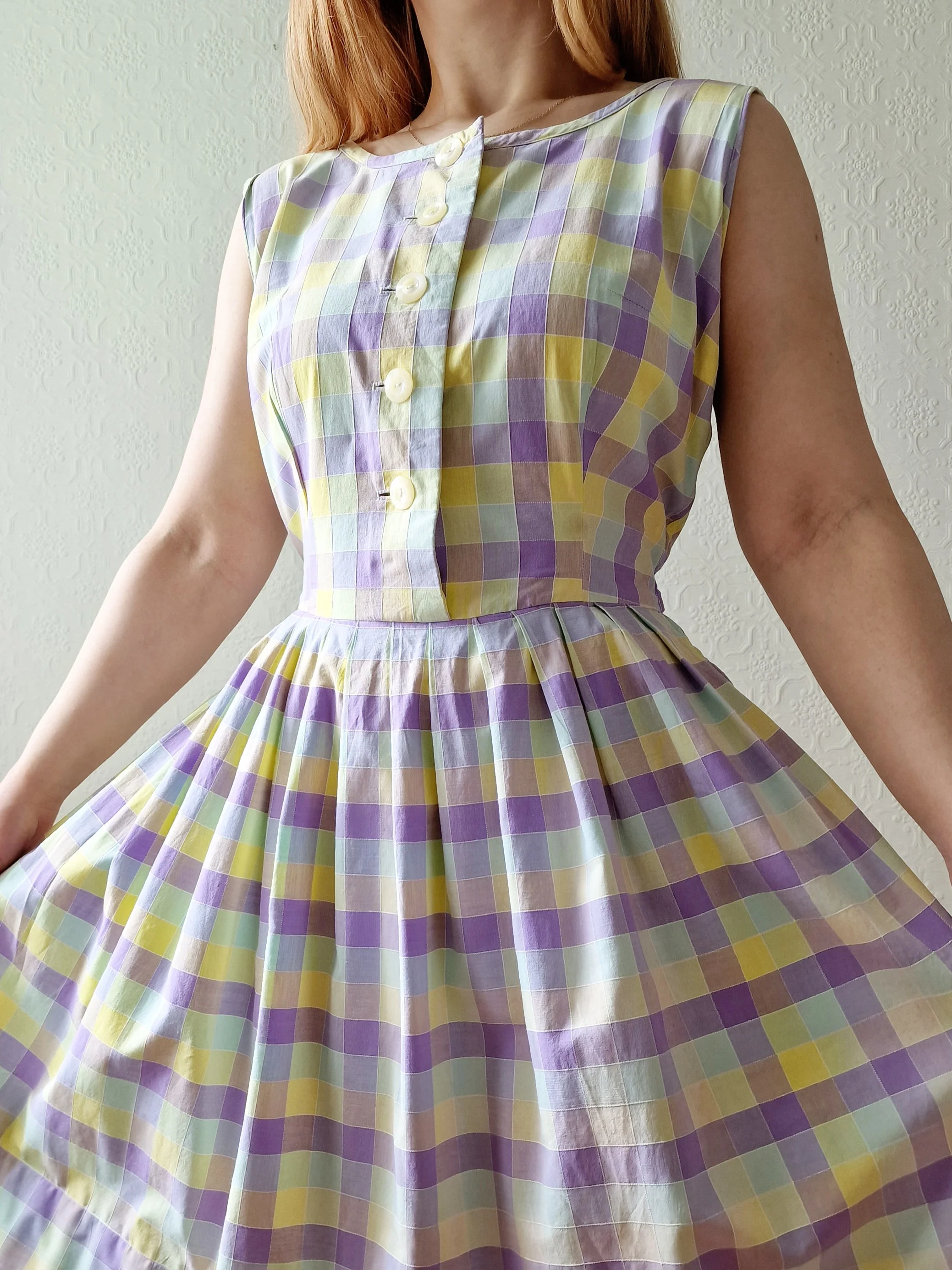 Vintage Lilac & Yellow Check Handmade Sleeveless Dress with Full Skirt - M - Image 2