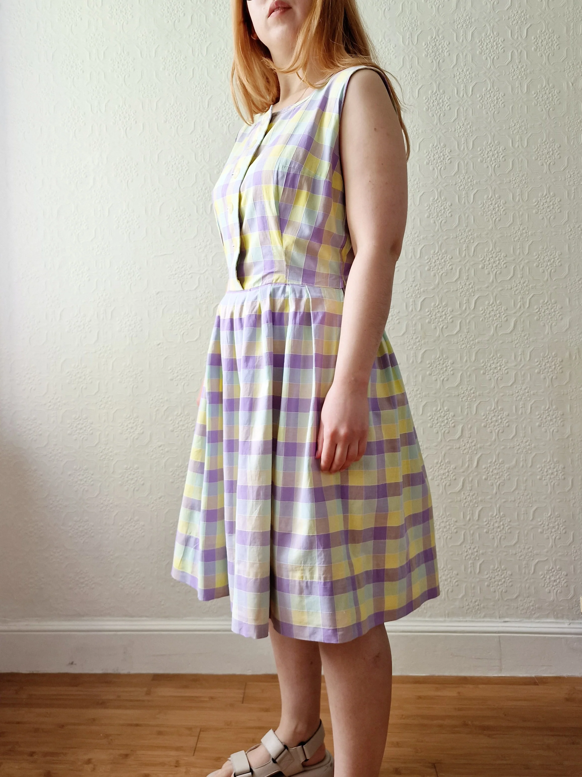 Vintage Lilac & Yellow Check Handmade Sleeveless Dress with Full Skirt - M - Image 3
