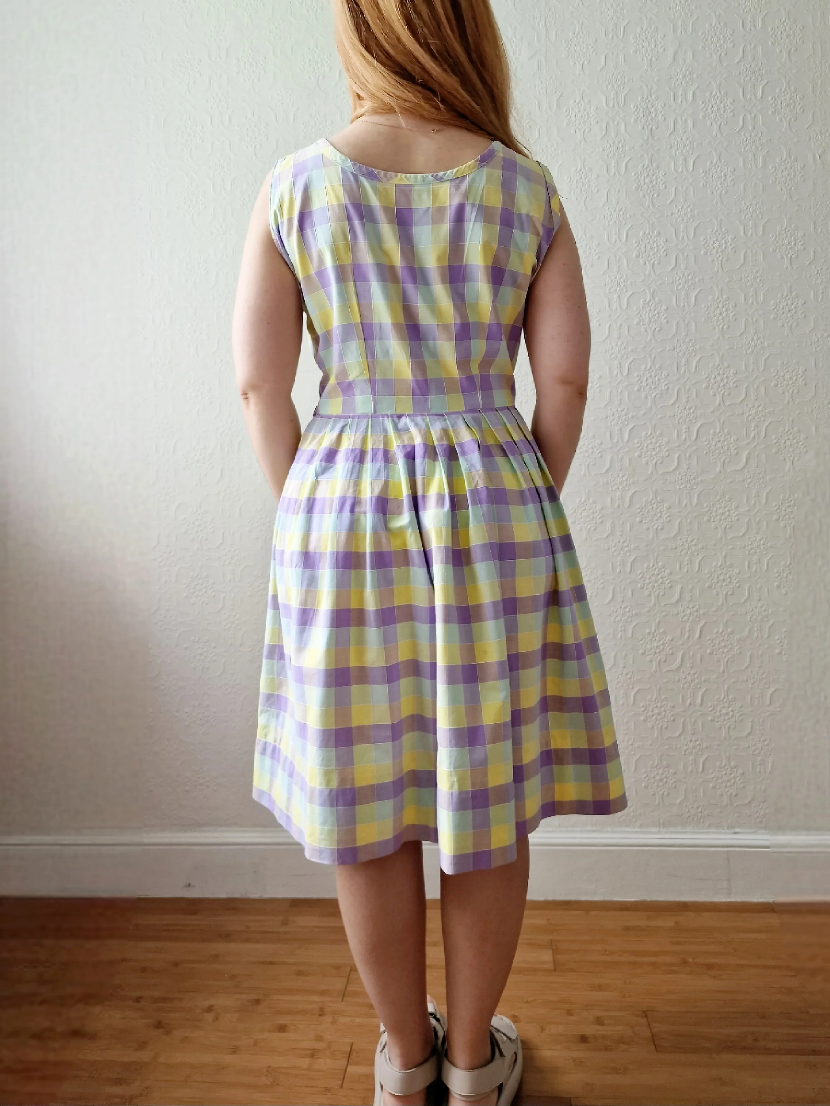 Vintage Lilac & Yellow Check Handmade Sleeveless Dress with Full Skirt - M - Image 4