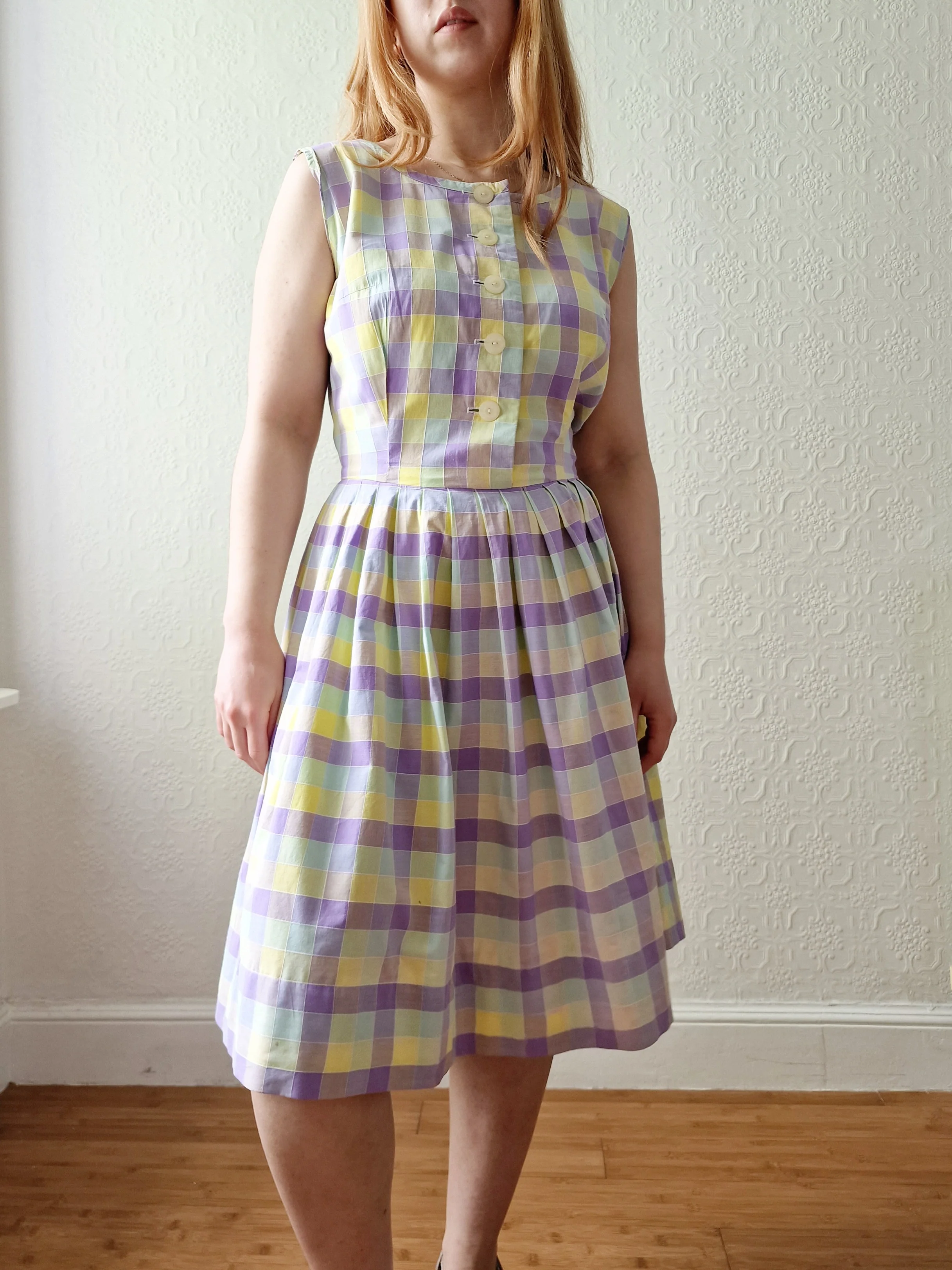 Vintage Lilac & Yellow Check Handmade Sleeveless Dress with Full Skirt - M - Image 5