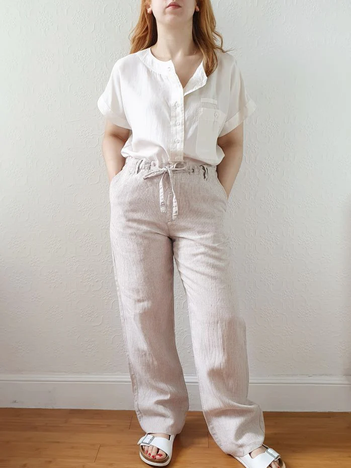 Vintage Linen High Waisted Grey Striped Summer Trousers - M/L
