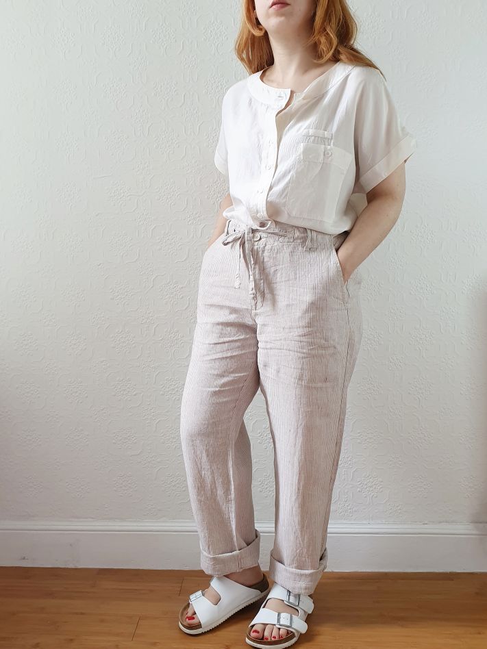Vintage Linen High Waisted Grey Striped Summer Trousers - M/L - Image 2