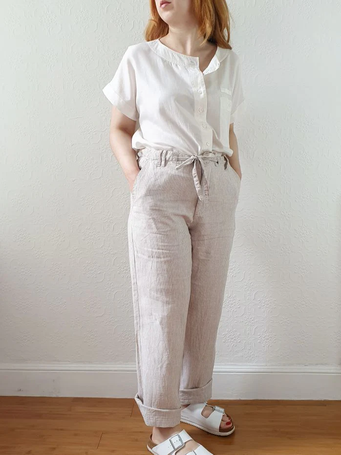 Vintage Linen High Waisted Grey Striped Summer Trousers - M/L - Image 3