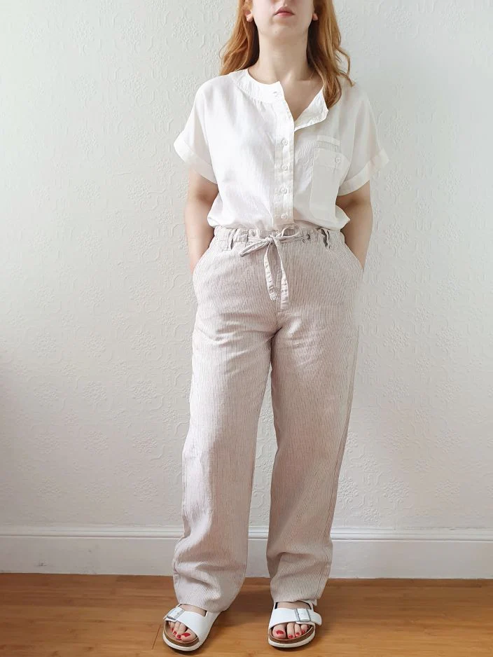 Vintage Linen High Waisted Grey Striped Summer Trousers - M/L - Image 4