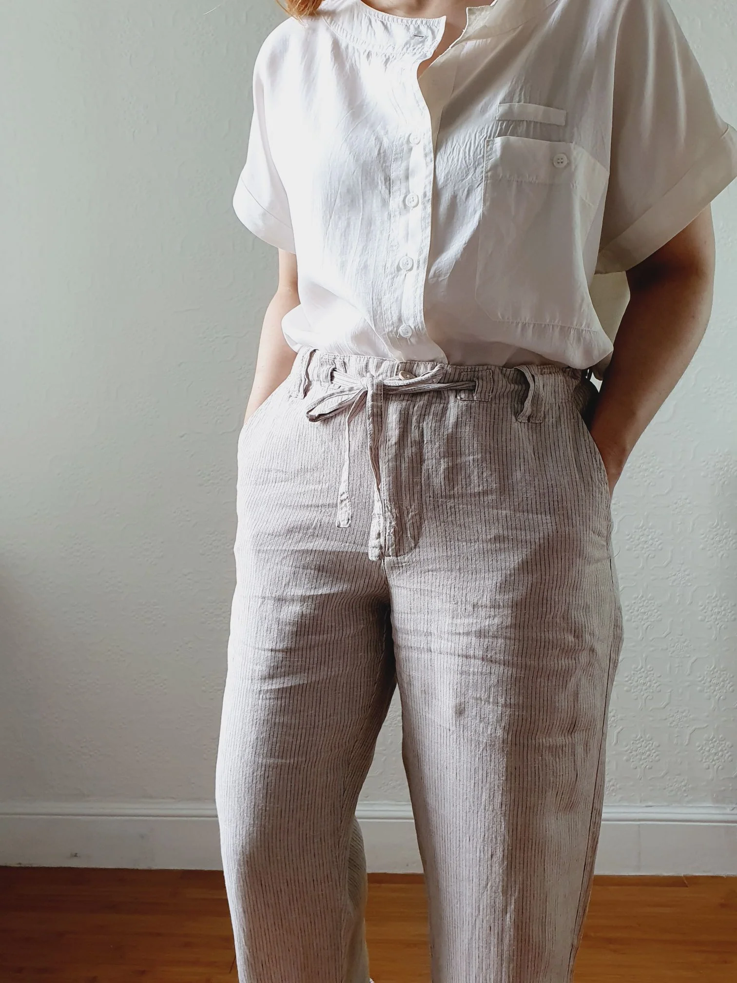 Vintage Linen High Waisted Grey Striped Summer Trousers - M/L - Image 6