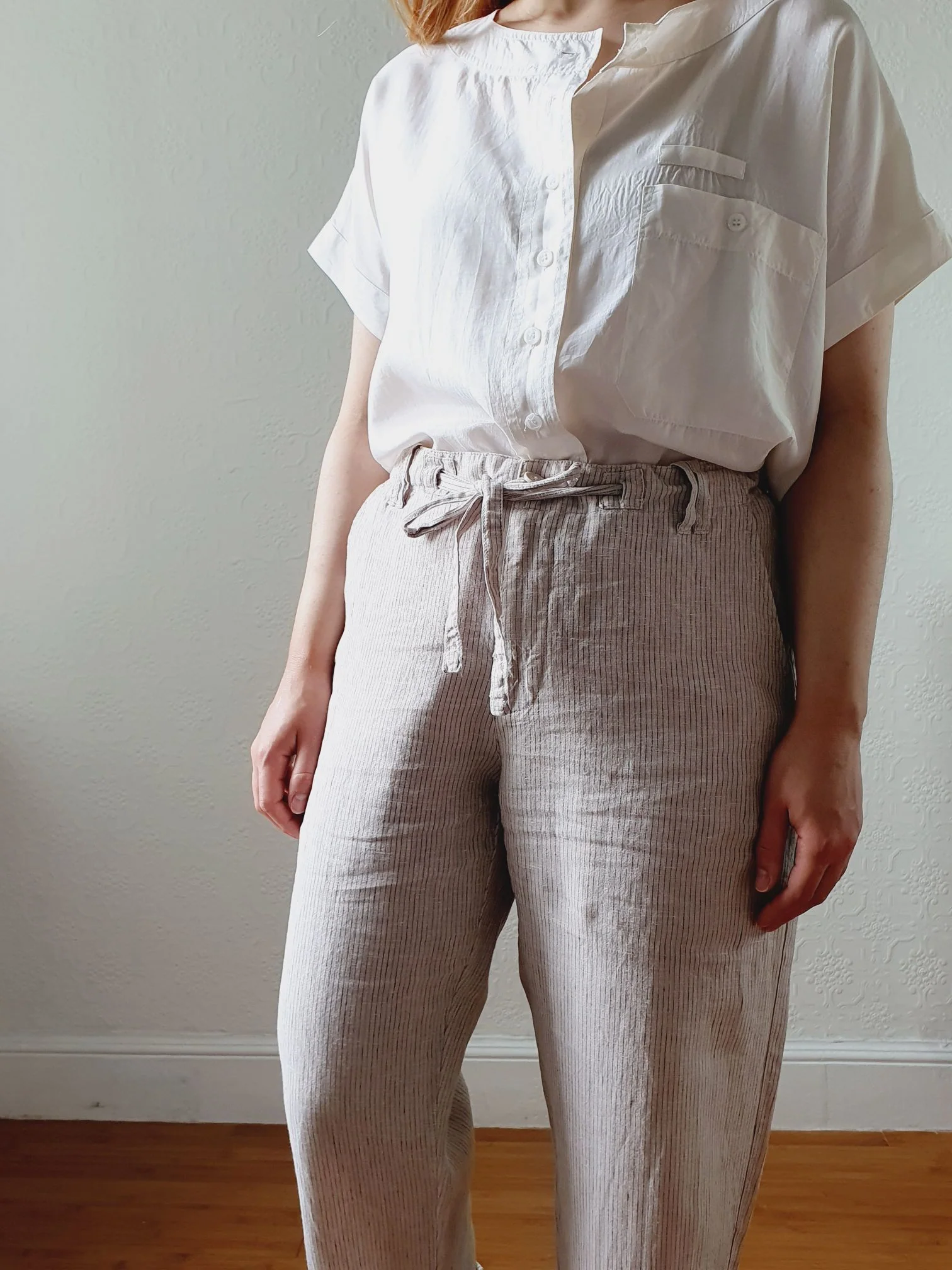 Vintage Linen High Waisted Grey Striped Summer Trousers - M/L - Image 8