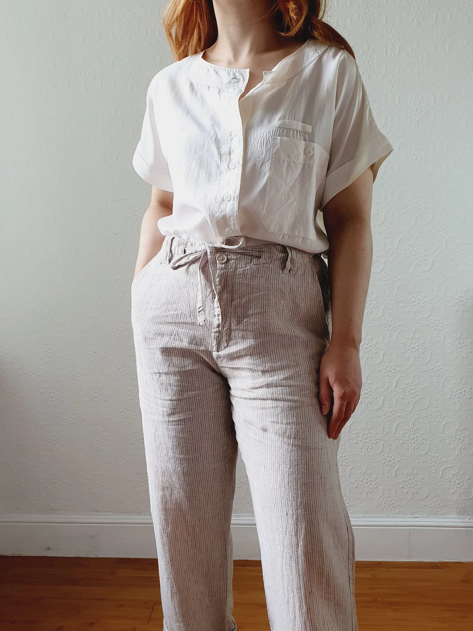 Vintage Linen High Waisted Grey Striped Summer Trousers - M/L - Image 9