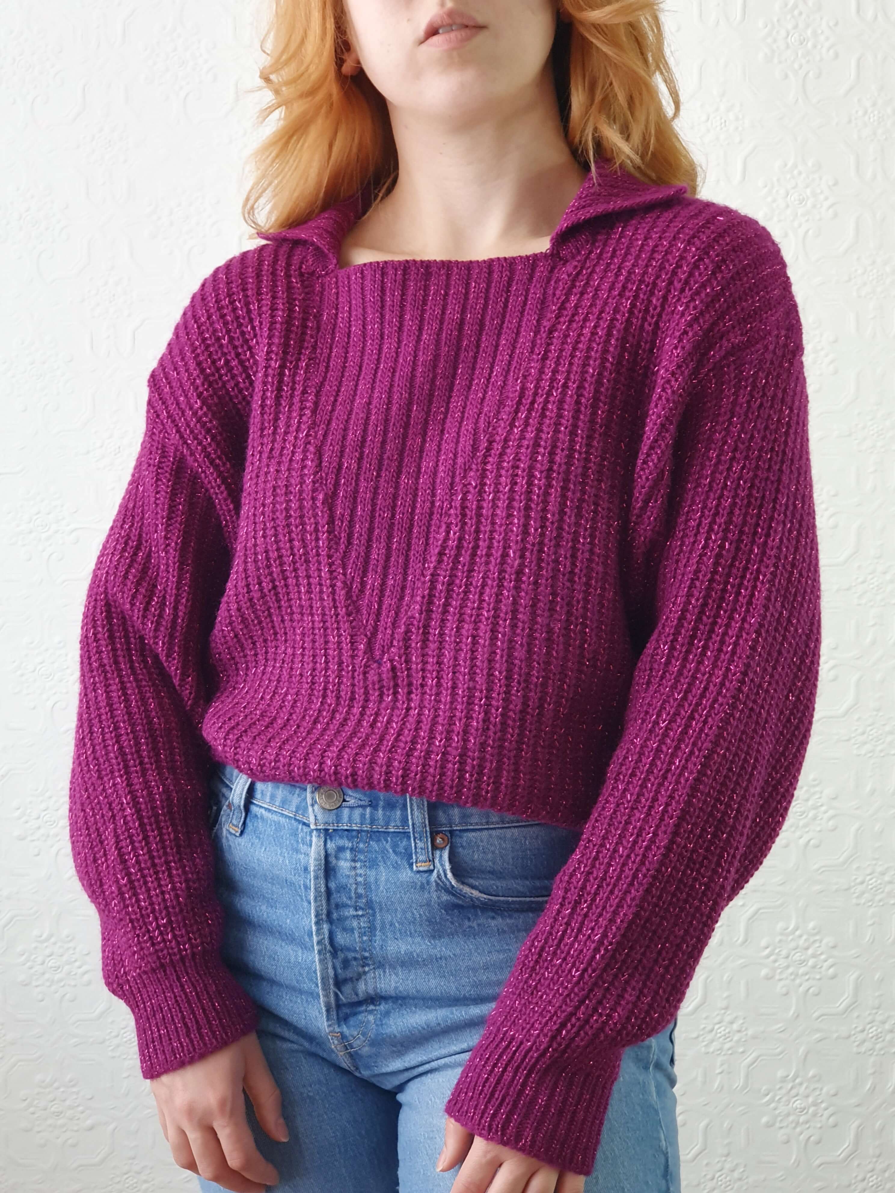 Vintage Magenta Knit Jumper with Metallic Thread - L