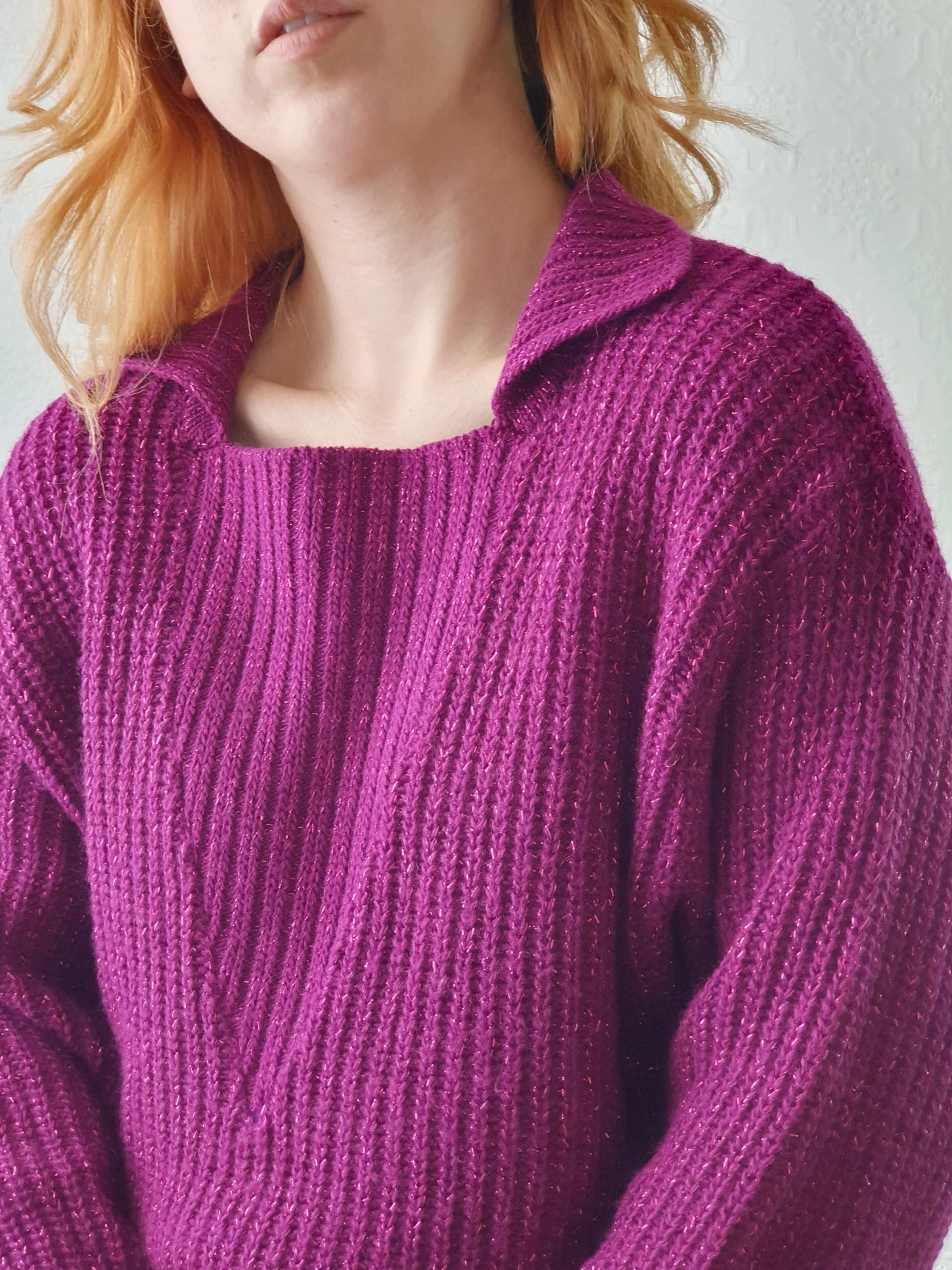 Vintage Magenta Knit Jumper with Metallic Thread - L - Image 11