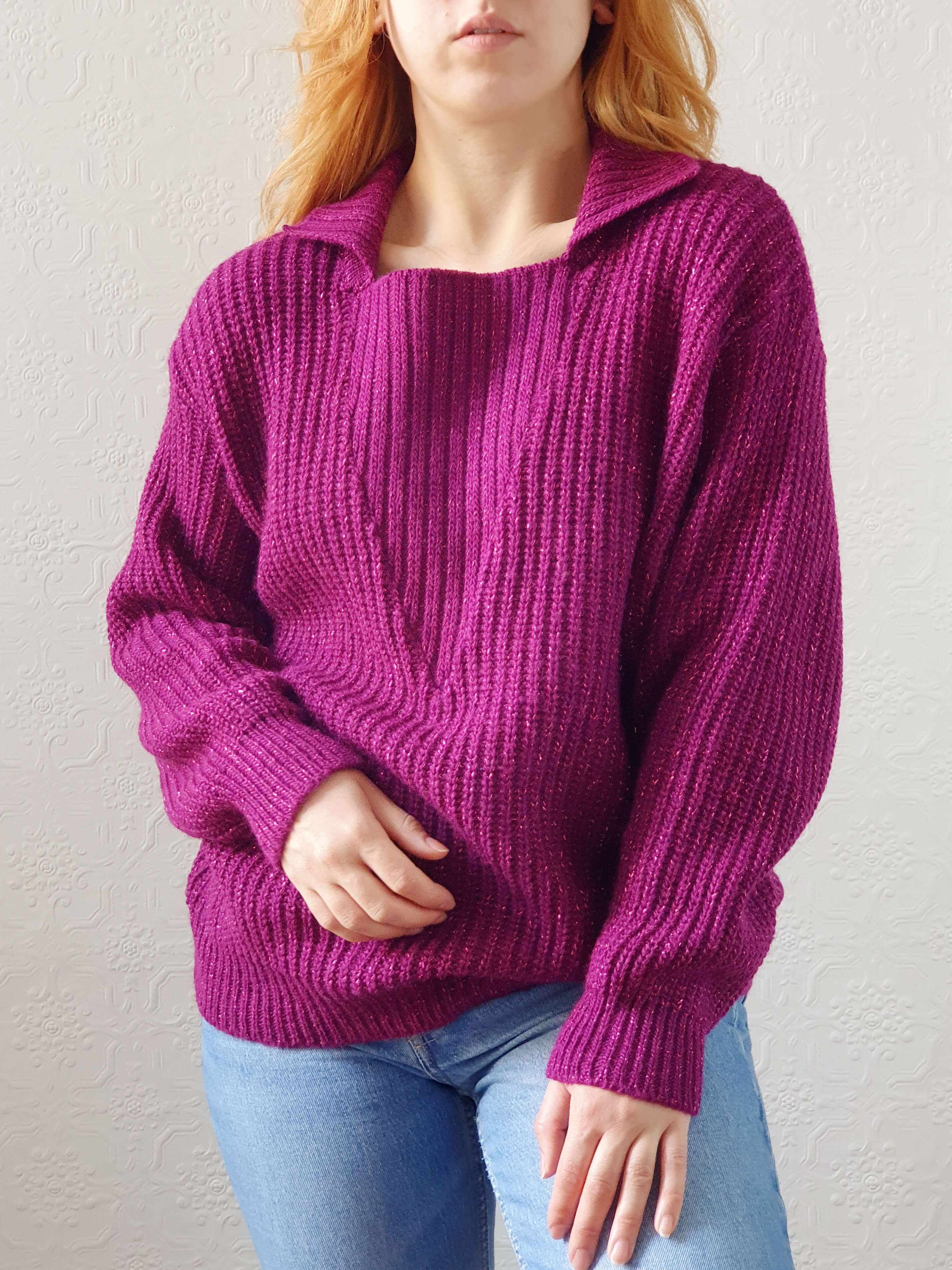 Vintage Magenta Knit Jumper with Metallic Thread - L - Image 2