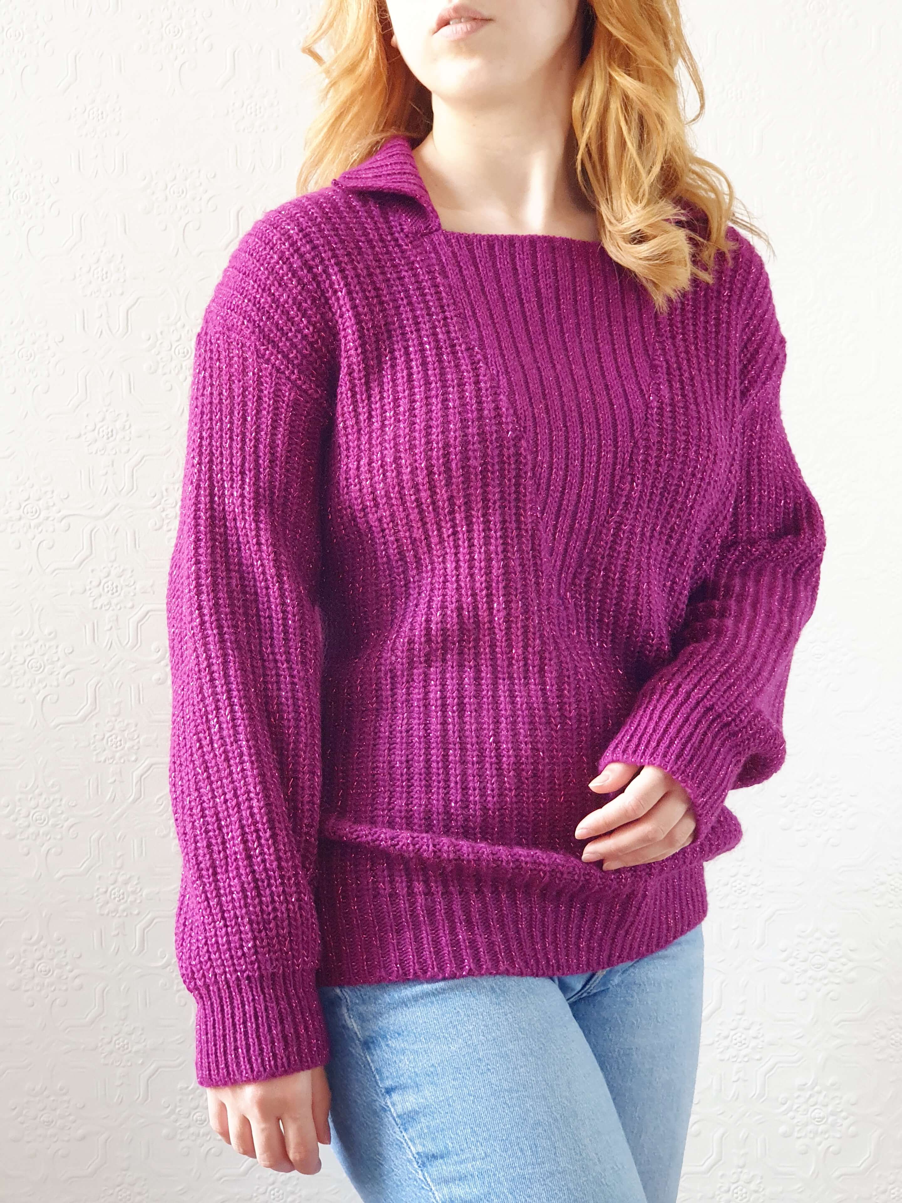 Vintage Magenta Knit Jumper with Metallic Thread - L - Image 3