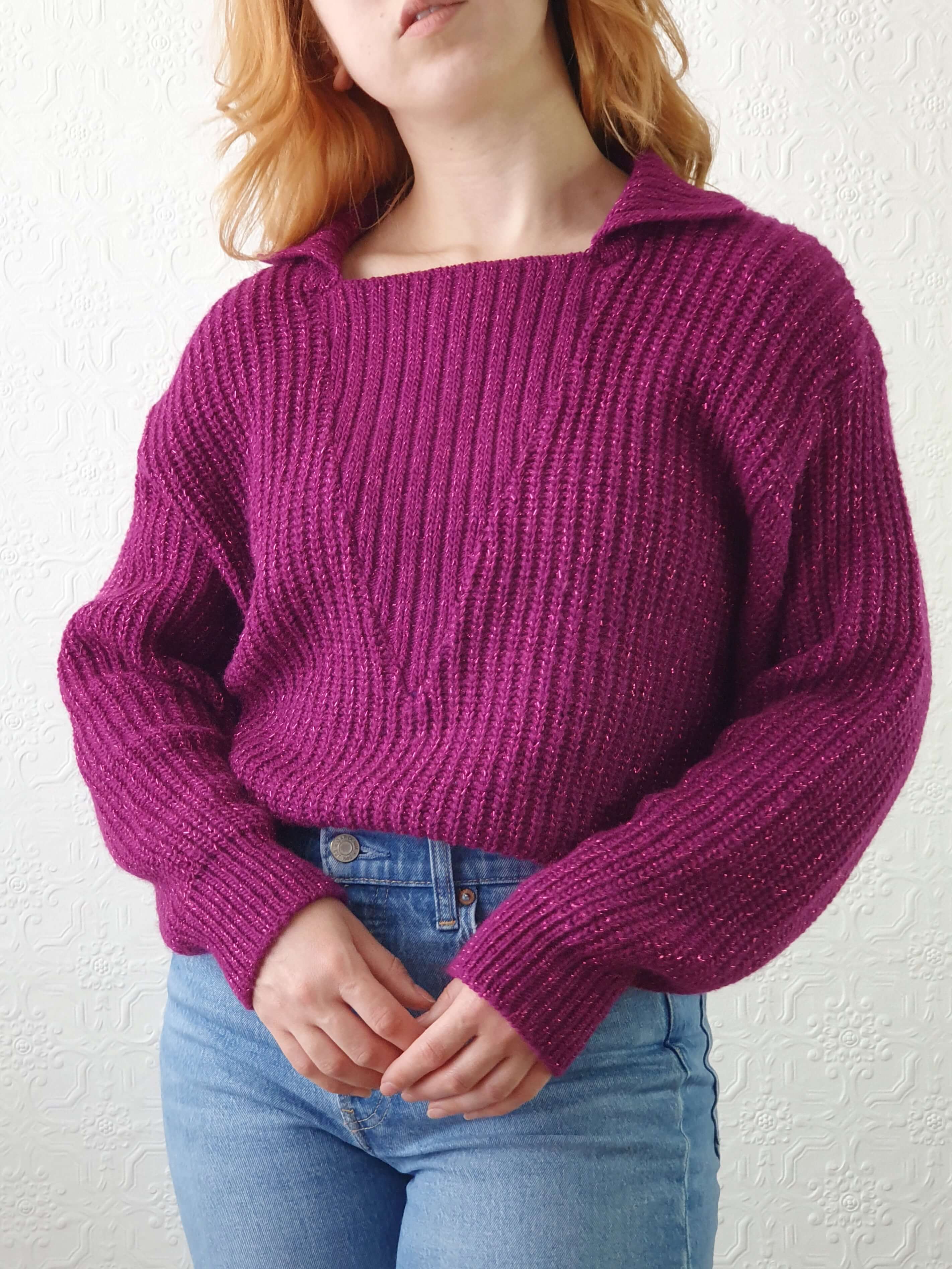 Vintage Magenta Knit Jumper with Metallic Thread - L - Image 4