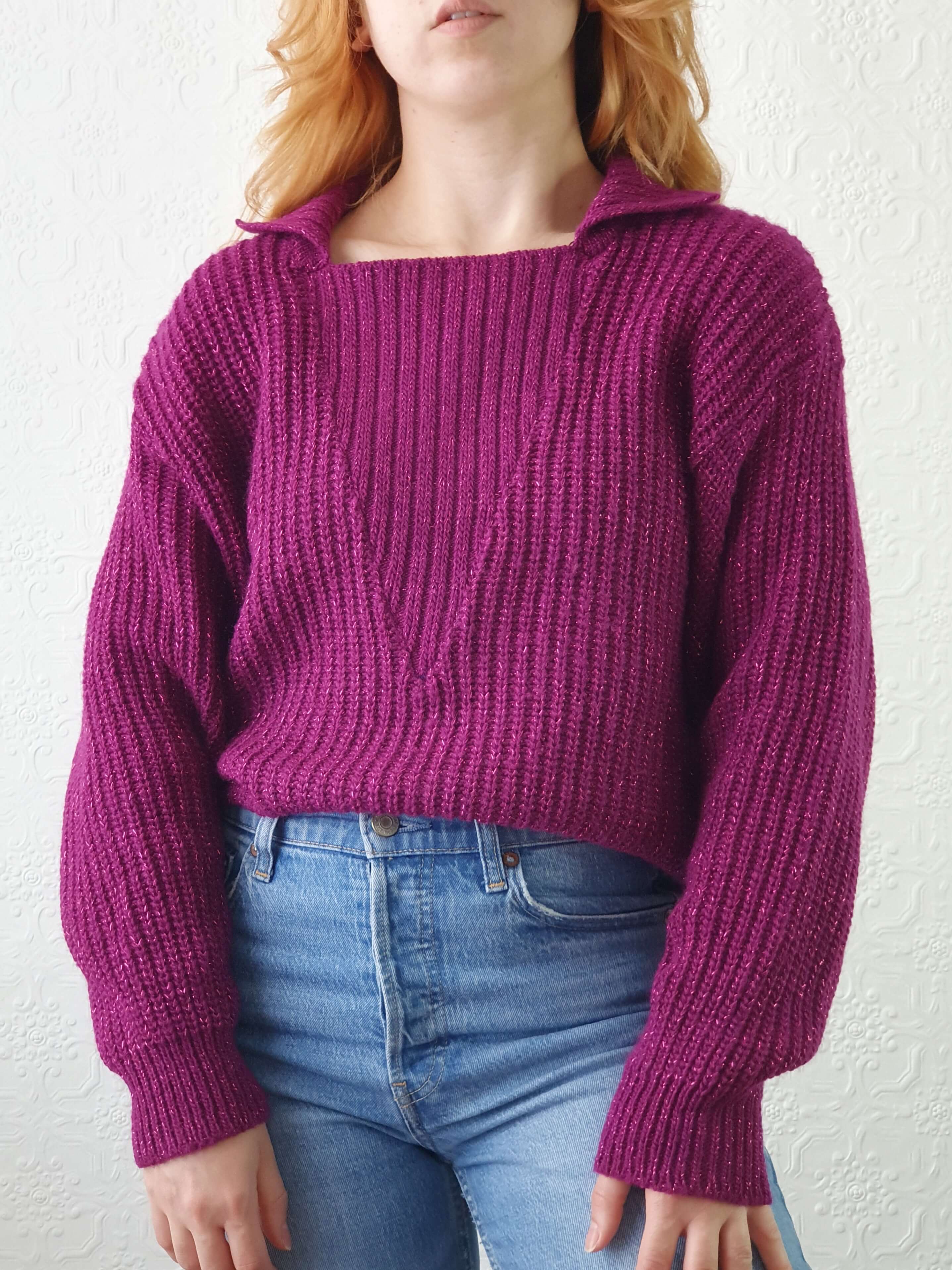 Vintage Magenta Knit Jumper with Metallic Thread - L - Image 5
