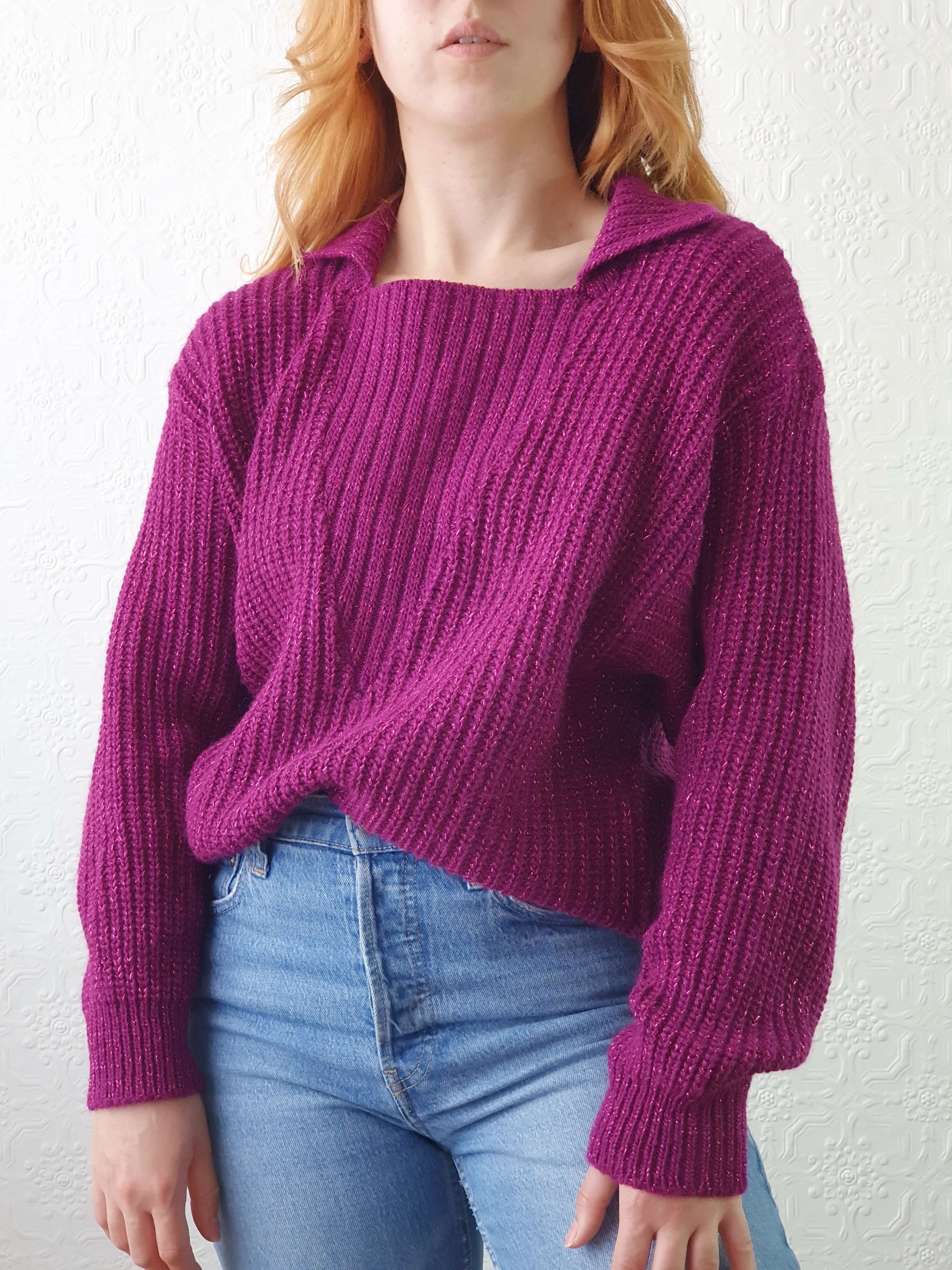 Vintage Magenta Knit Jumper with Metallic Thread - L - Image 6