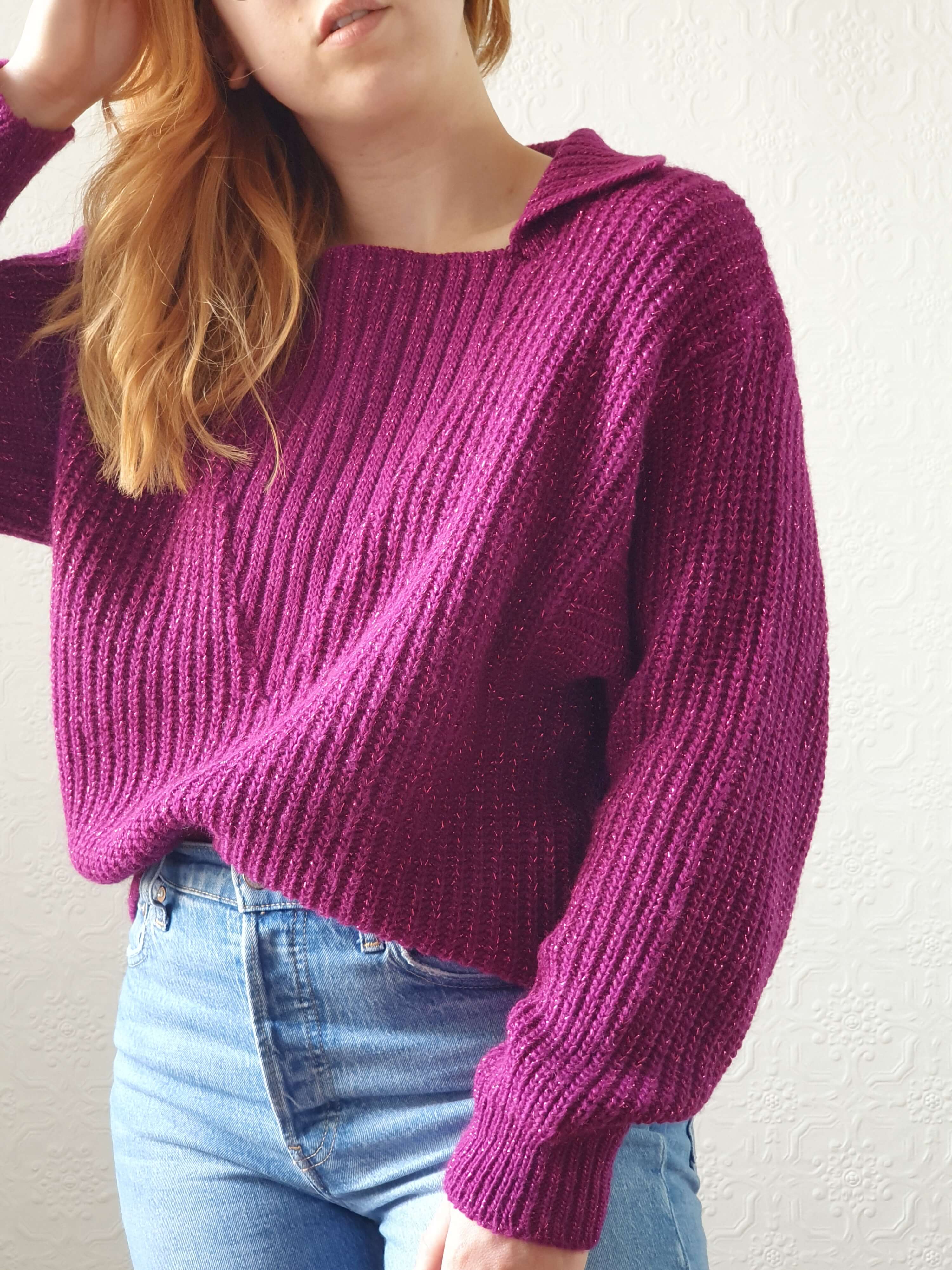 Vintage Magenta Knit Jumper with Metallic Thread - L - Image 7