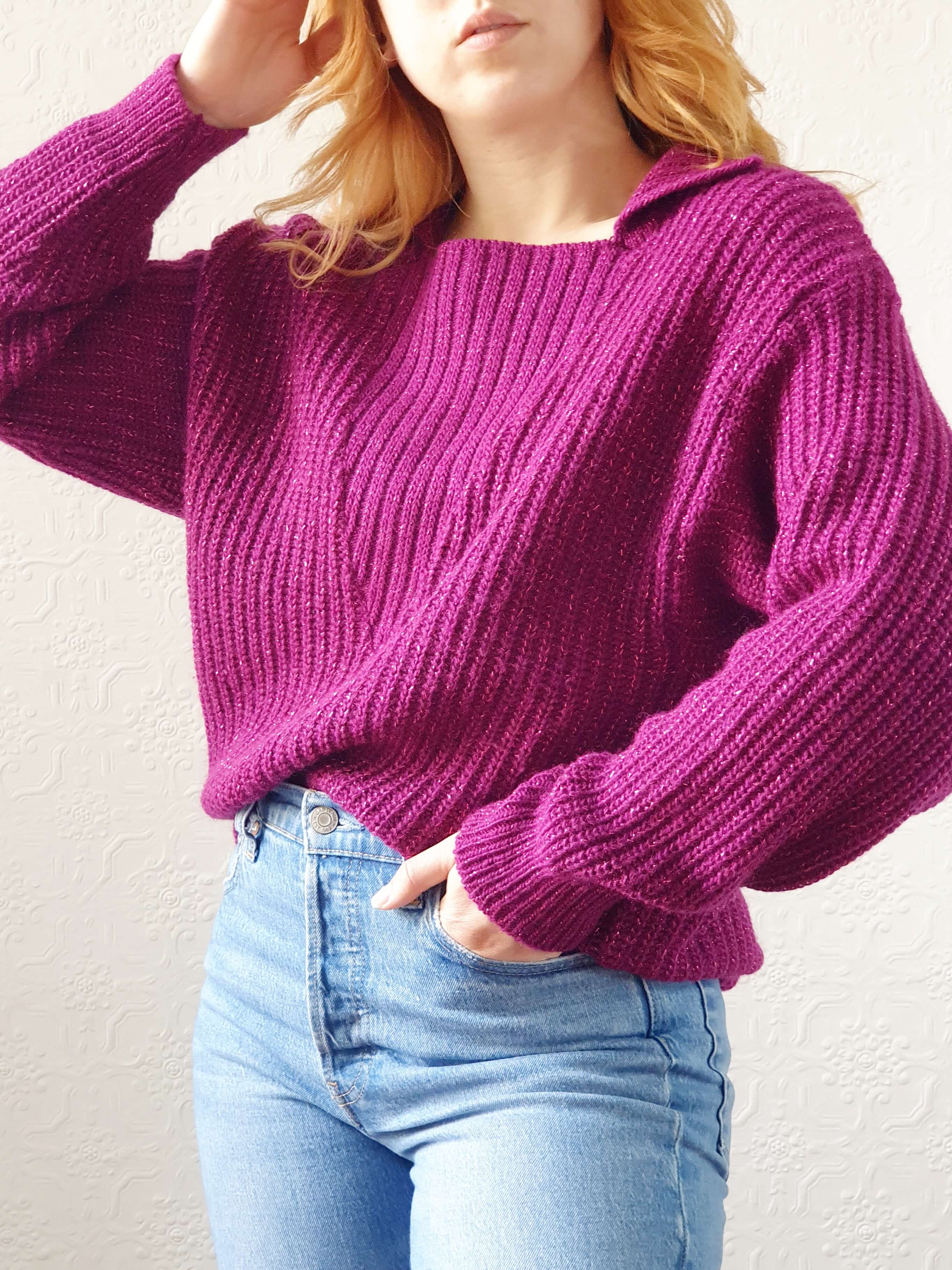 Vintage Magenta Knit Jumper with Metallic Thread - L - Image 8