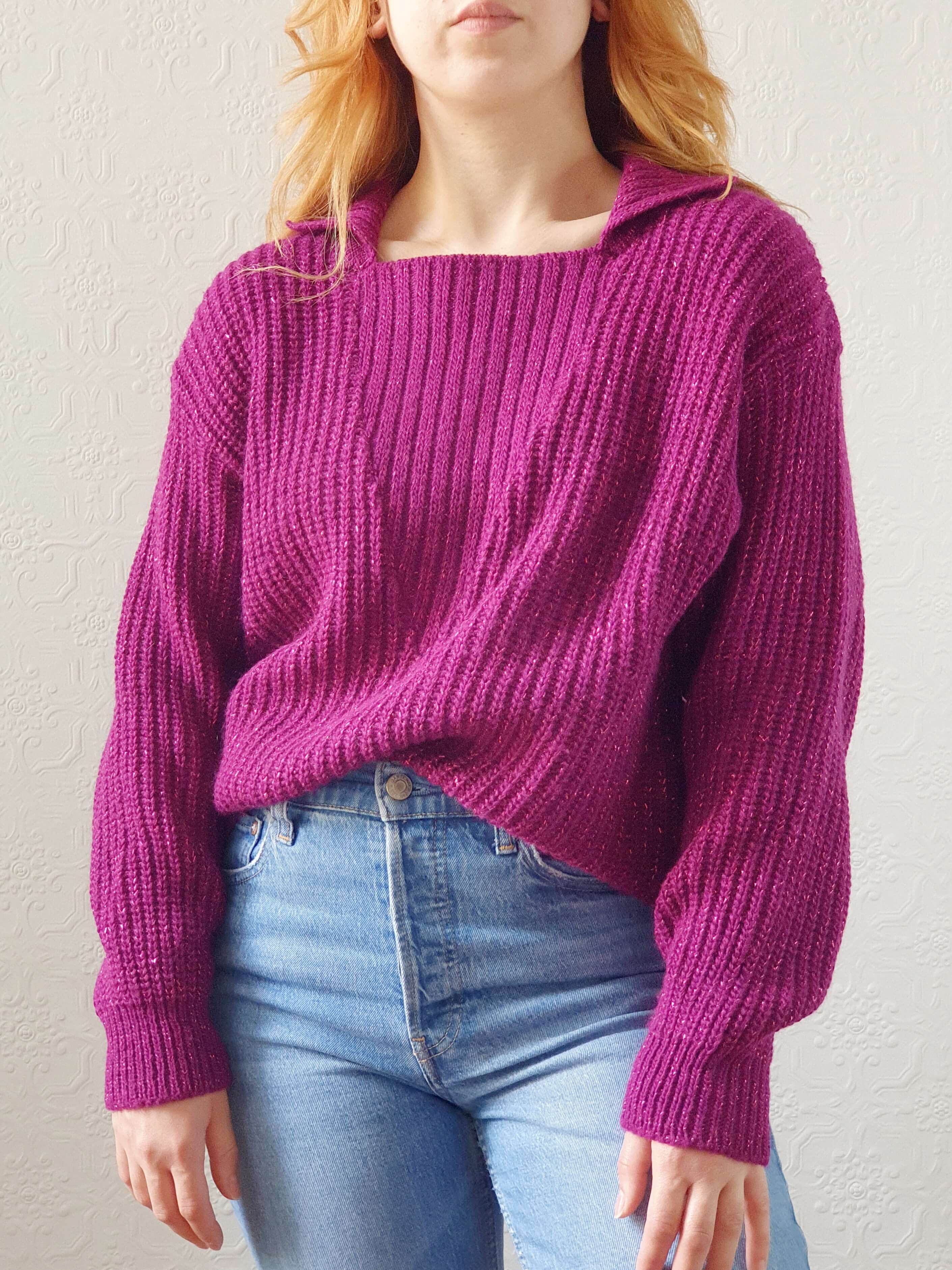 Vintage Magenta Knit Jumper with Metallic Thread - L - Image 9