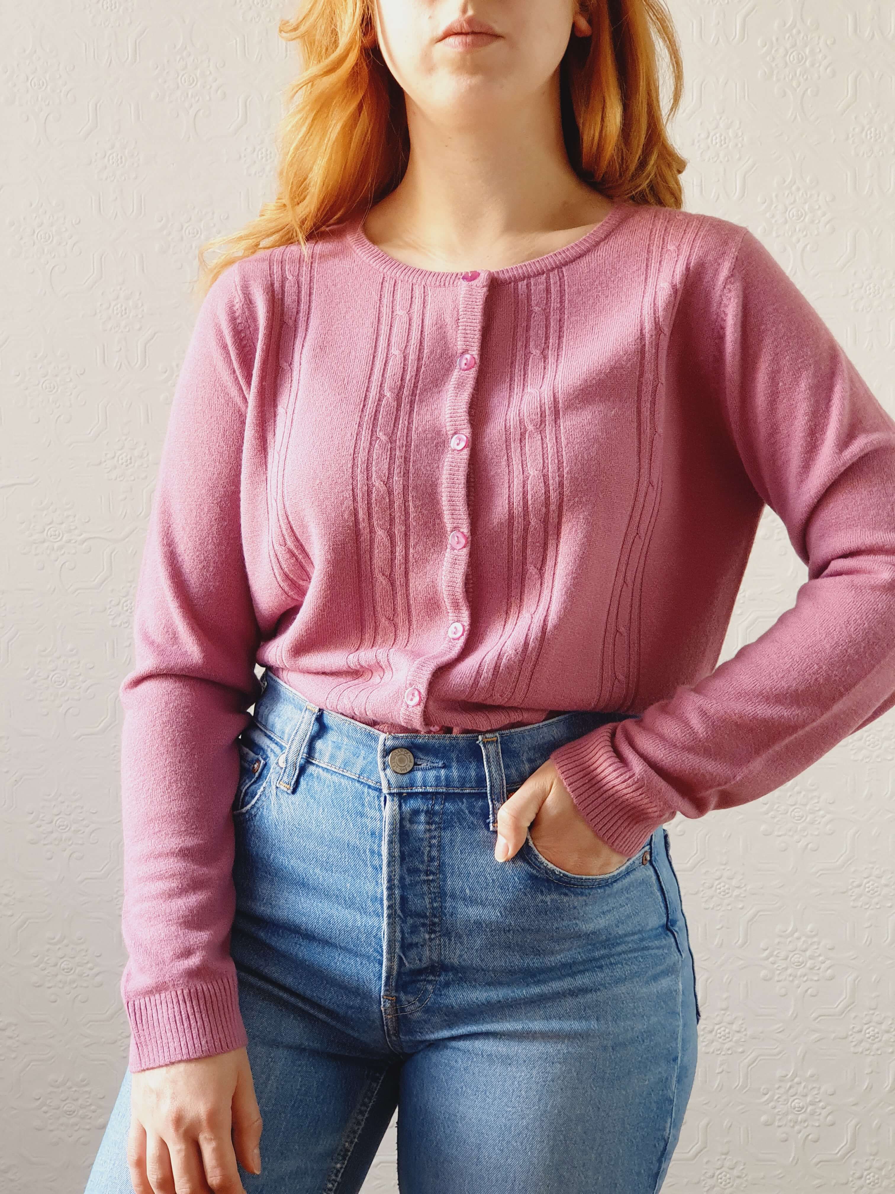 Vintage Mauve Knit Cardigan - M/L - Image 3