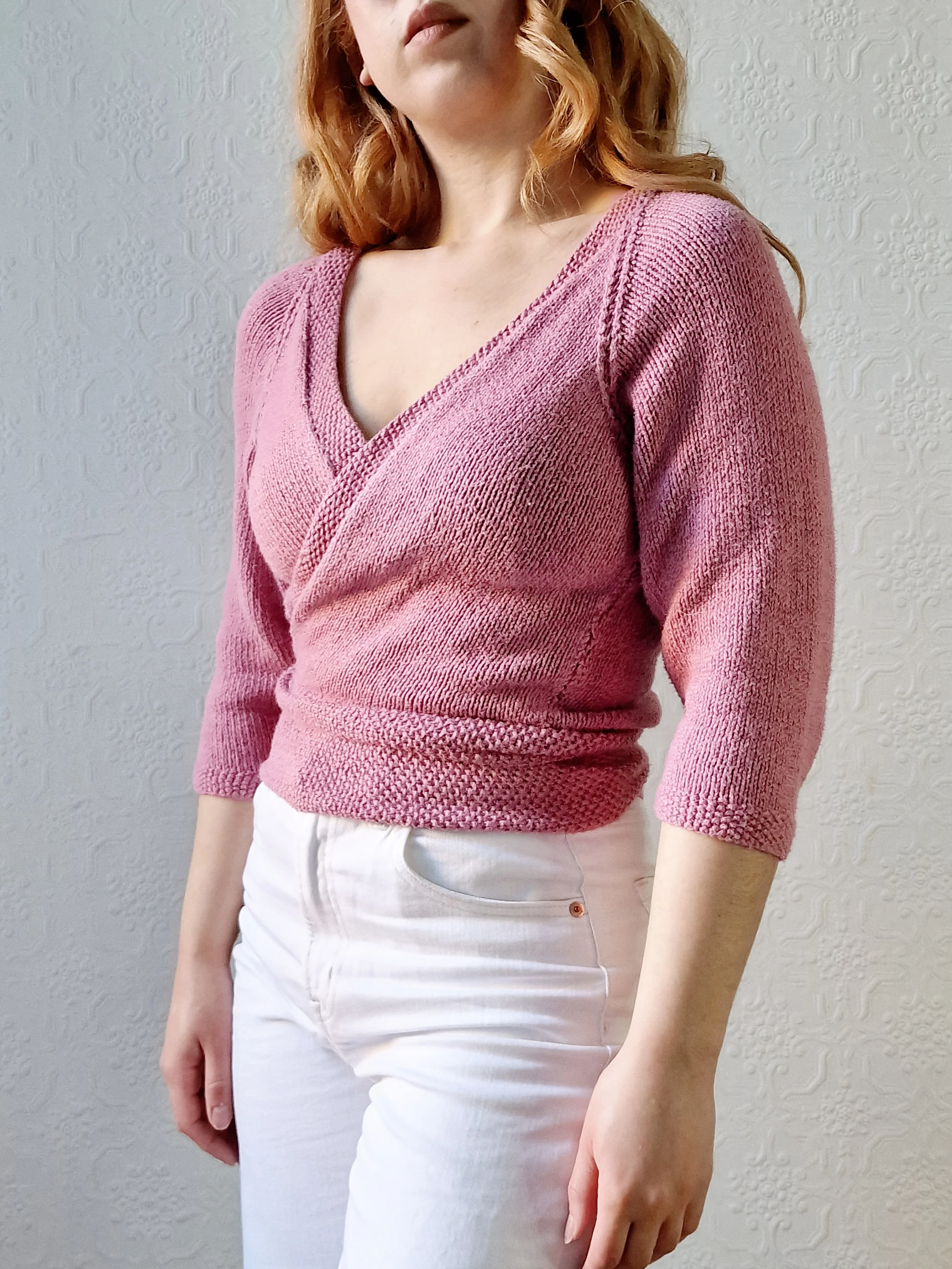 Vintage Knitted Mauve Pink Wrap Cardigan with 3/4 Sleeves - XS - Image 2